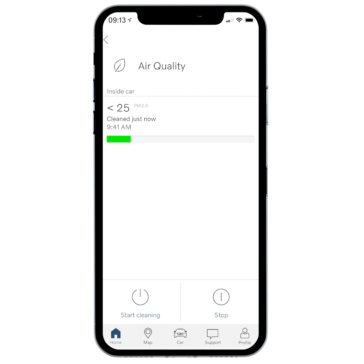 Live PM 2.5 readings after cleaning on the Volvo On Call app