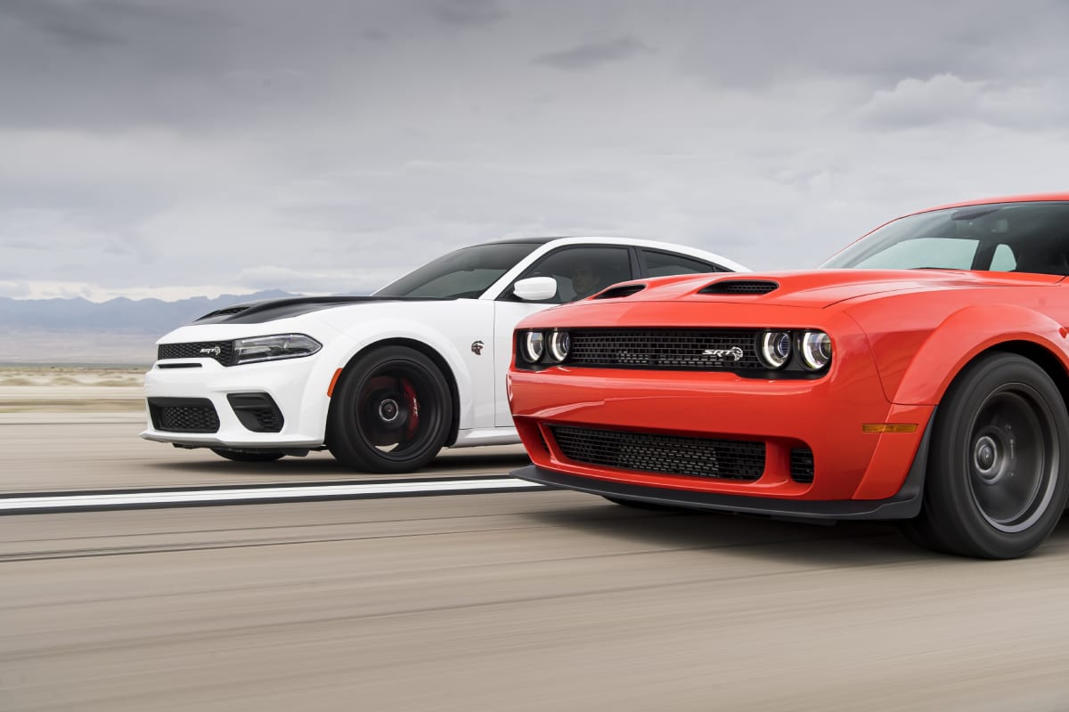 2020 Dodge Challenger SRT Super Stock alongside the 2021 Dodge Charger SRT Hellcat Redeye