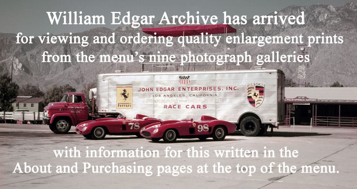 California's Palm Springs Airport, November 1956. Publicity photograph for the November 4, 1956 SCCA National Road Races at Palm Springs. This is the John Edgar Enterprises souped-up 110-mph Pontiac V8-powered cab tractor and Fruehauf trailer, with John Edgar's Ferraris parked in display: #78 Ferrari 375 Plus s/n 0396 AM rebodied by Scaglietti, and #98 Ferrari 410 Sport s/n 0598 CM. Photograph by Lester Nehamkin for the John Edgar Collection.