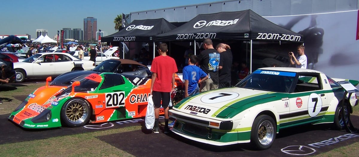 The Japanese offensive took place not only in the showroom but also at the racetrack. Mazda debuted their RX-7 in 1979 and that year two Mazda Technical Center-entered cars took first (#7 in the photo) and second in the GTU class and finished 5th and 6th overall at the Daytona 24 Hours. In 1979, a 4-rotor 787B (#202) became the first Japanese manufacturer to win the legendary 24 Hours of LeMans.