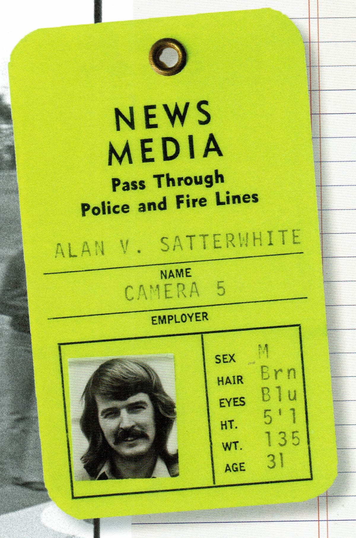 News Media pass for the author, Al Satterwhite.