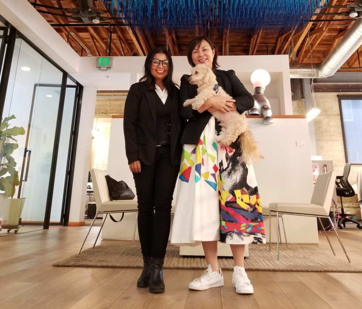 LA Car’s Ami Pascual Spear with interTrend’s Julia Huang and the interTrend company canine, Renzei