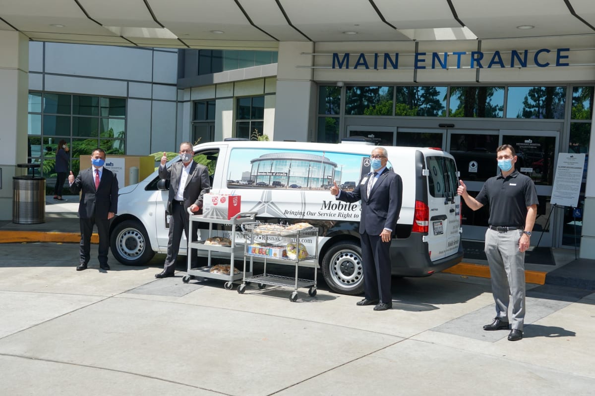 From left to right—Allen Hsiang, General Manager of Mercedes-Benz of Arcadia, Mike Marsh, Service Manager of Mercedes-Benz of Arcadia, Michael Driebe, President of Methodist Hospital Foundation and Quincy Armstrong Rusnak Marketing Director