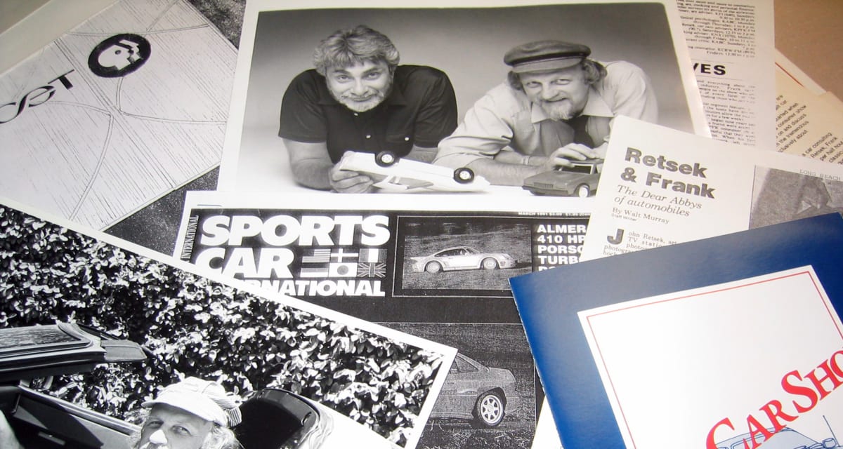 Memorabilia from KPFK’s The Car Show, featuring Len Frank and John Retsek, as spread out on John Retsek’s studio desk at KCET (photo by Roy Nakano)