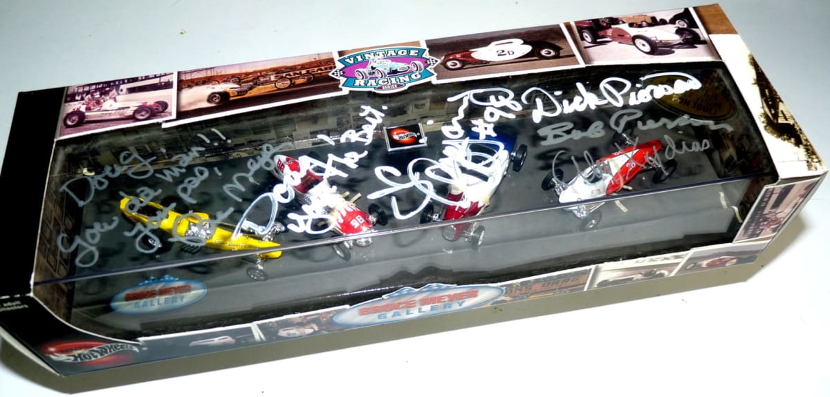 In 2001, Mattel issued a special collection featuring four of Meyer’s cars. Meyer signed the box along with J.C.Agajanian, Jr., both of the Pierson Brothers, and Alex Xydias.