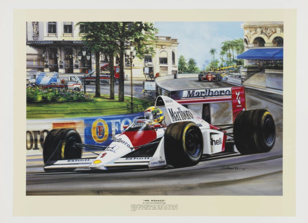 "Mr. Monaco" - Ayrton Senna at Monaco Limited Edition Print by Hector Cademartori. Photo courtesy of Hector Cademartori Motor Racing Art