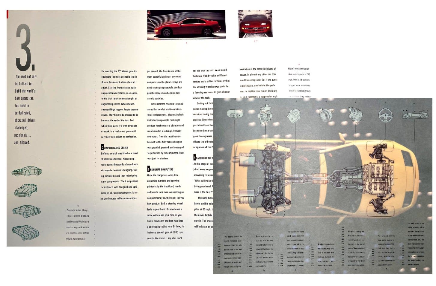 The 300ZX emphasizes the use of a supercomputer in the design of the car components."Making 100 million calculations per second, the Cray is one of the most powerful and most advanced computers on the planet" -reads in part. NIssan was the first Japanese auto maker to buy one: an X-MP 12 in 1985.