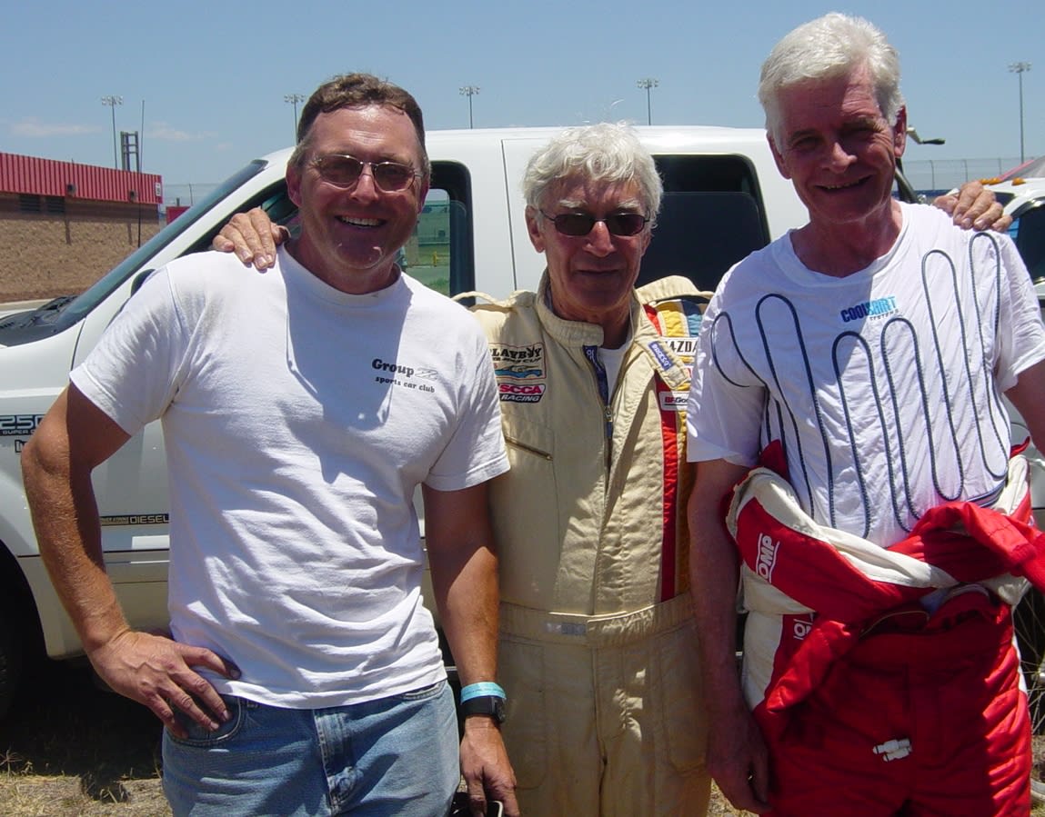 John Morton (center) in good company at a Chumpcar race in Fontana: Ian Stewart (left) Group Z Club member, Datsun guru and racer and Uncommon Friends Racing's team mate Steve Nichols (right). Steve has a long resume as a race car designer which includes Ayrton Senna's 1988 Formula One World Championship McLaren MP4-4-Honda.