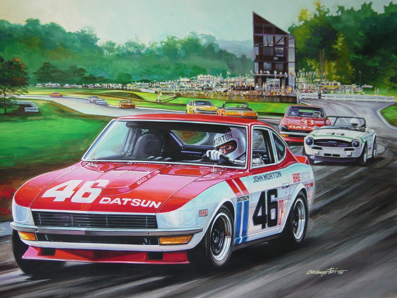 John Morton and his BRE Datsun 240Z attacked the asphalt and red clay of Road Atlanta in far-off 1970 to win Datsun's first SCCA C Production title. (Painting by Hector Cademartori)