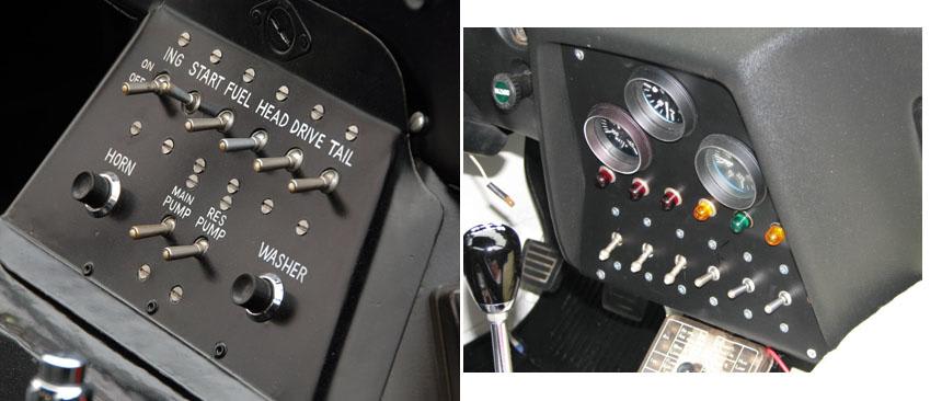 The instrument panels in the Cobra Daytona Coupe (left) and the Datsun (right). Note the white circular balls on the end of the switch levers. These are WW-II aircraft circuit breakers and switches. The white balls on the end of the levers were coated with a phosphor paint to glow in the dark so cockpit lights could be kept off during night time missions.