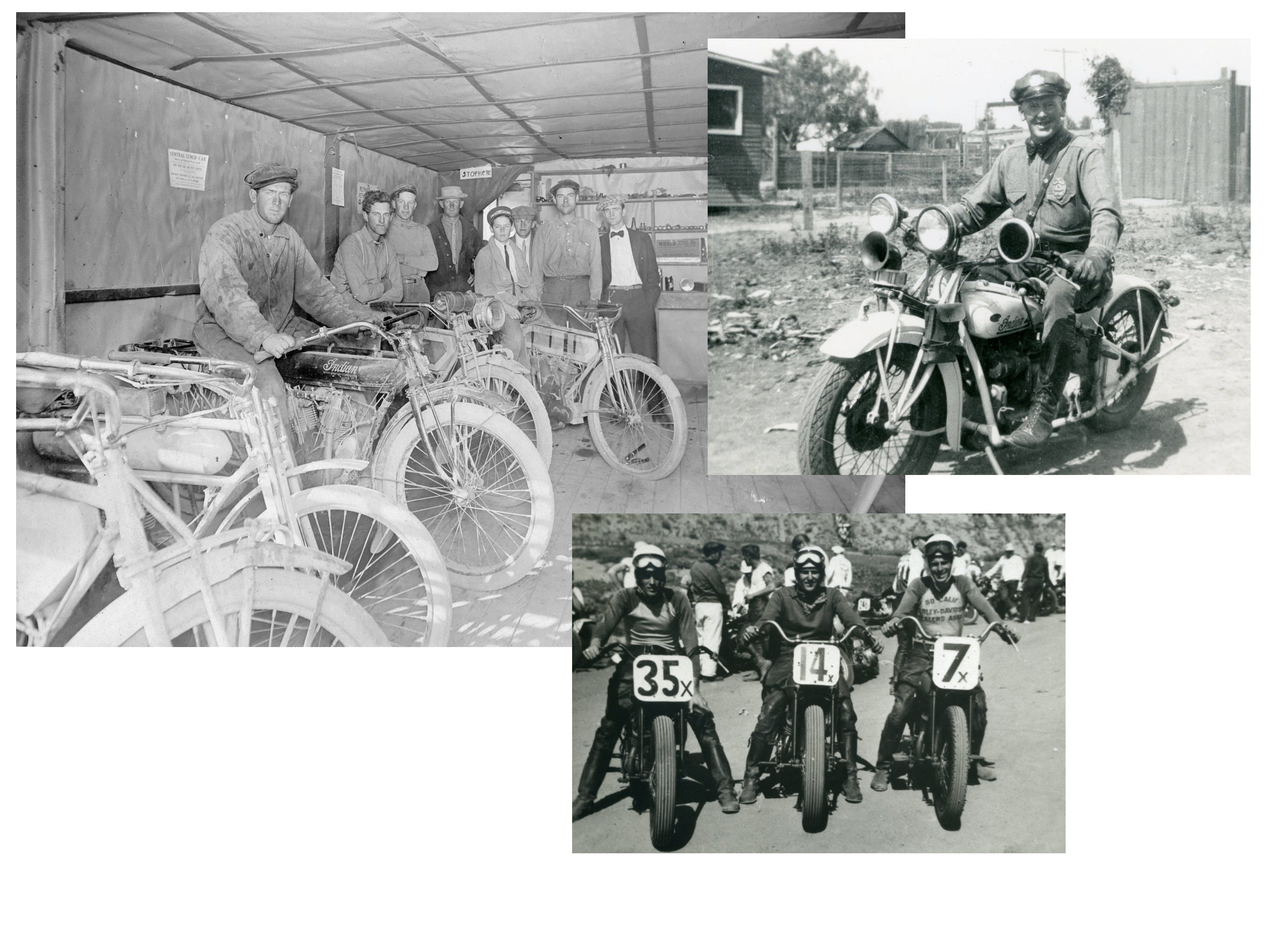 Grandfather, Louis “Joe” Emde at a repair shop he had going in 1914 in El Centro, CA (Top Left). He closed the shop in the early 1920s to become a motorcycle cop (Top-Right), the first in Imperial County. Joe Emde’s three sons. From left: Cliff, Bill and Floyd. All three raced, although Cliff and Bill only raced in Southern California while Floyd hit the National circuit and in 1948 won the biggest motorcycle race of them all at the time, the Daytona 200.