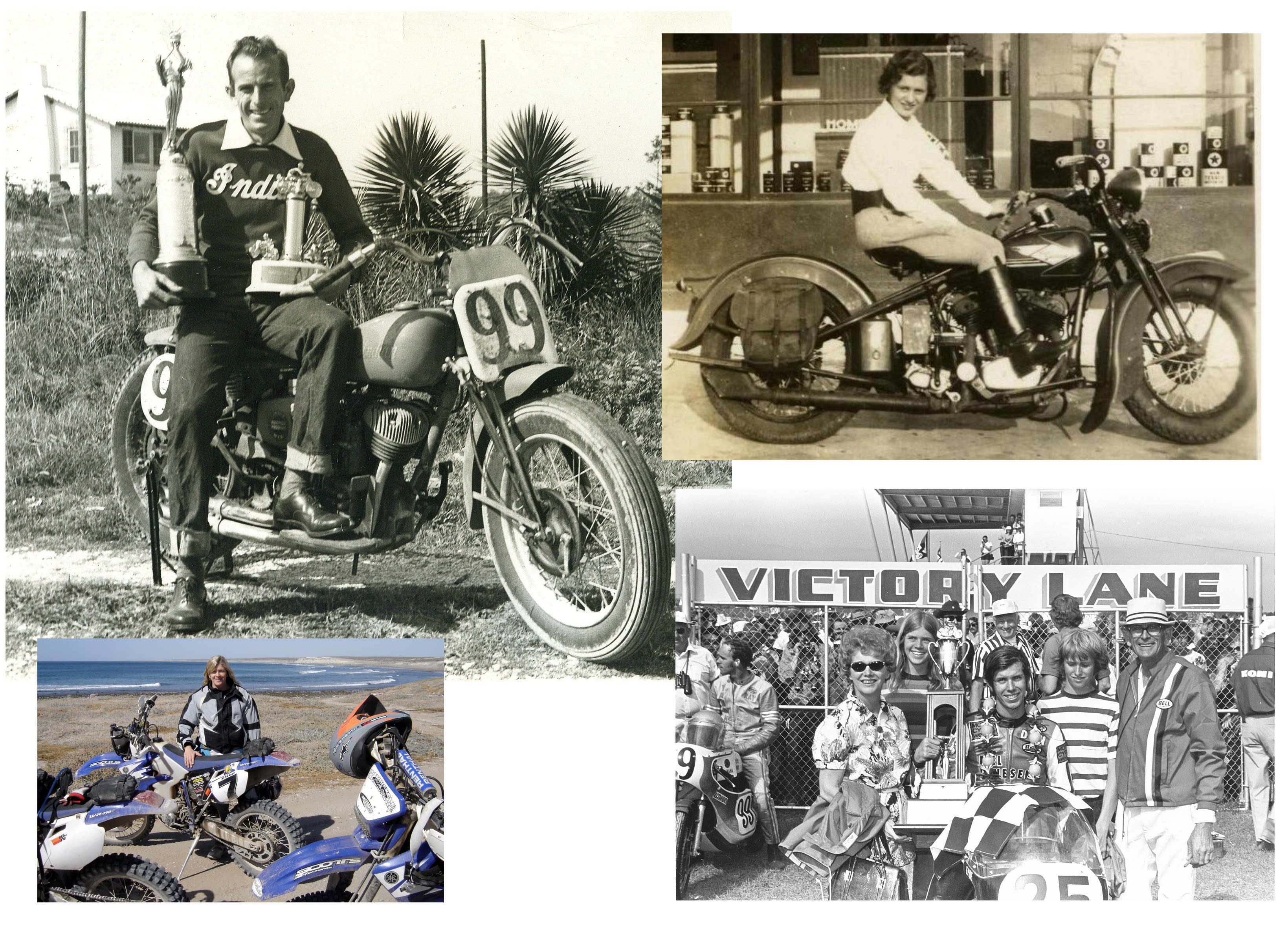 Floyd Emde with his 1948 Daytona 200 trophies (Top Left). Don celebrates his 1972 Daytona 200 victory with his mother Florence, younger sister Nancy, younger brother David and his father Floyd (Bottom Right). Nancy Emde was a racer and had a touring business taking tourist to Baja California (Bottom Left). Don’s Mother, Florence, was an avid rider. Here looking splendid on a 1930s Harley-Davidson (Top Right).