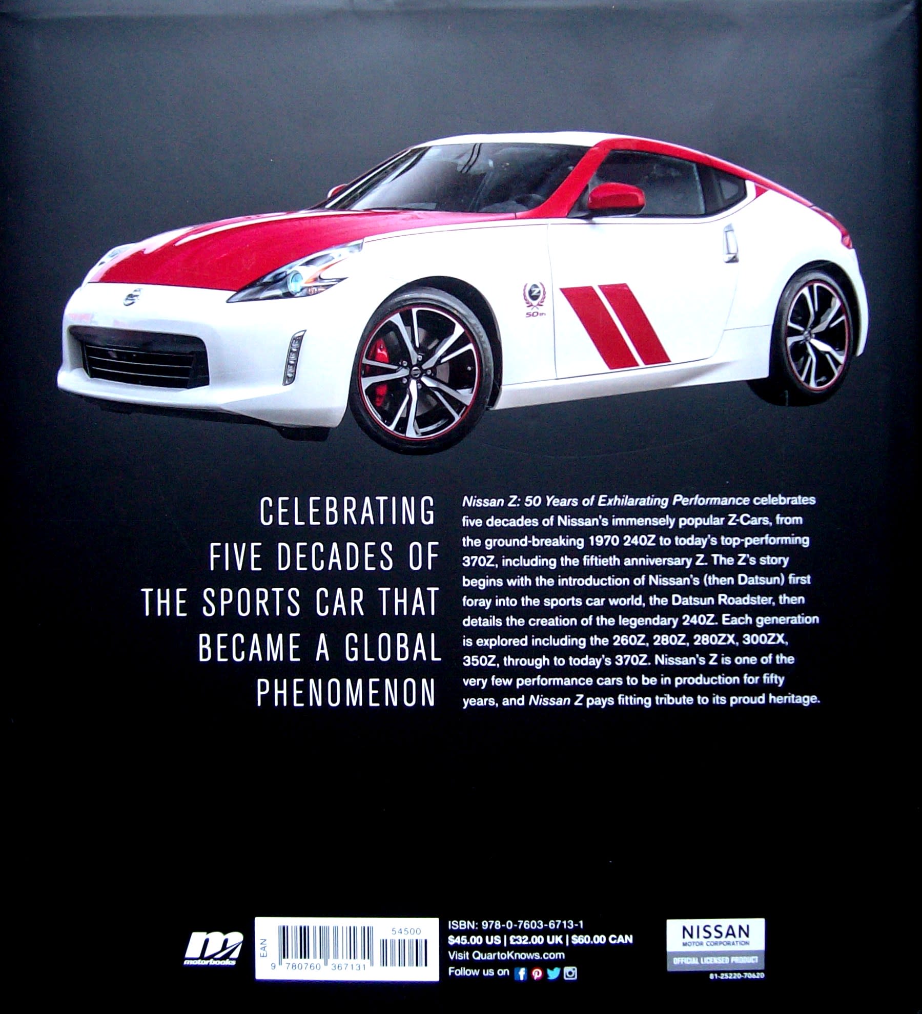 The back cover of 'Nissan Z - 50 Years of Exhilarating Performance'.