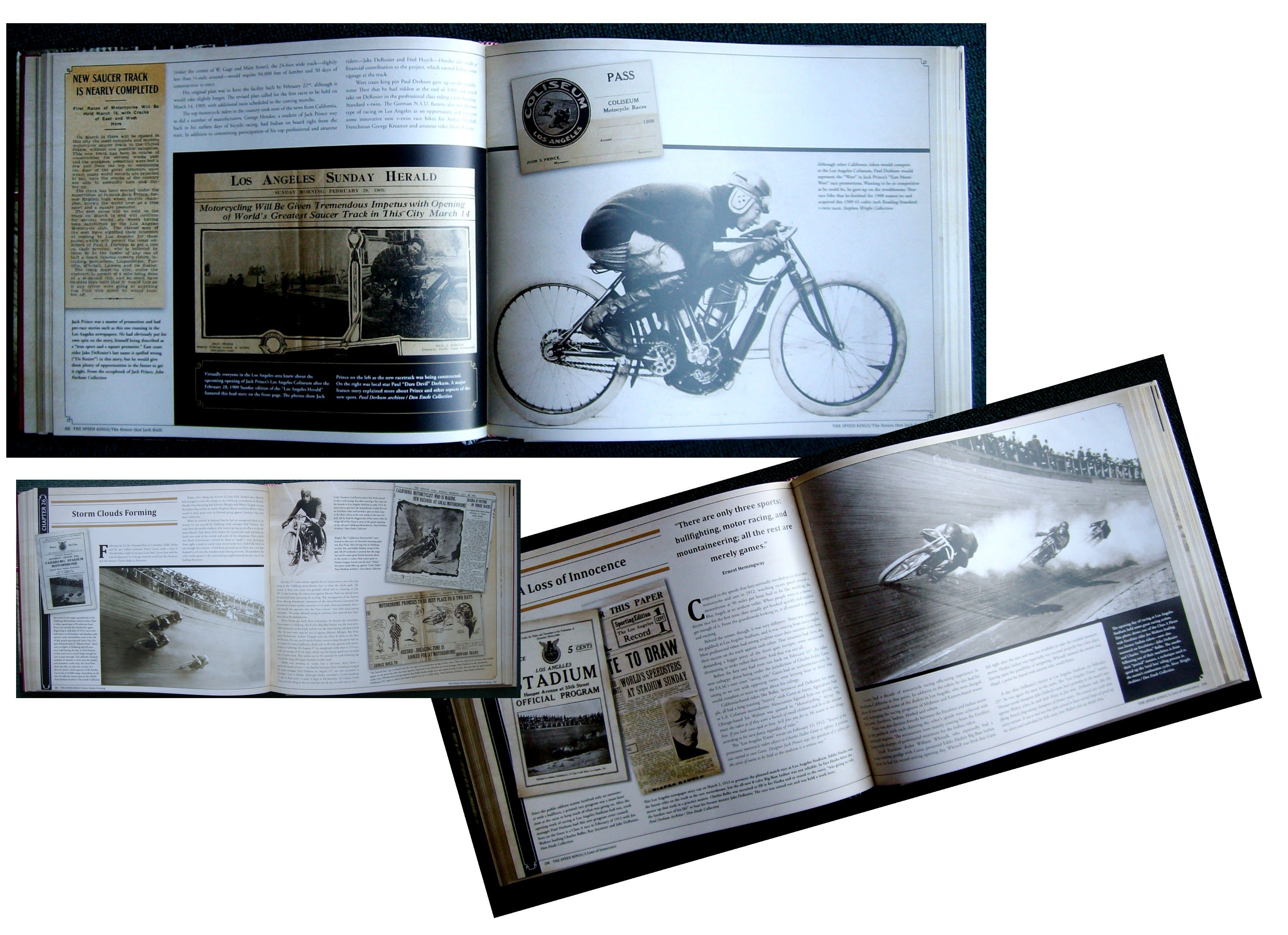 Photos, newspaper clips, posters, programs, personal letters and a wealth of memorabilia from Don’s collection and other sources fill the pages of The Speed Kings. The copy describes the social, economic, personal and political times around the brutal practice of Motordrome racing.