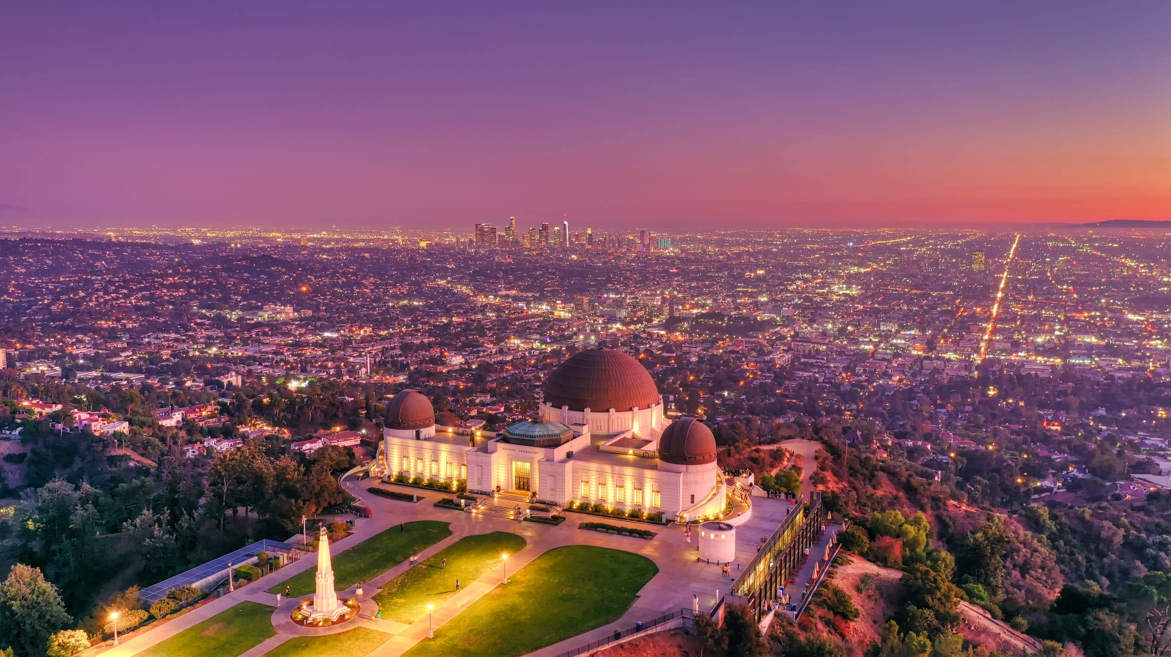 Griffith Observatory, and the Los Angeles sprawl spreading out below - sun hag just set and the great purple hue is everywhere.