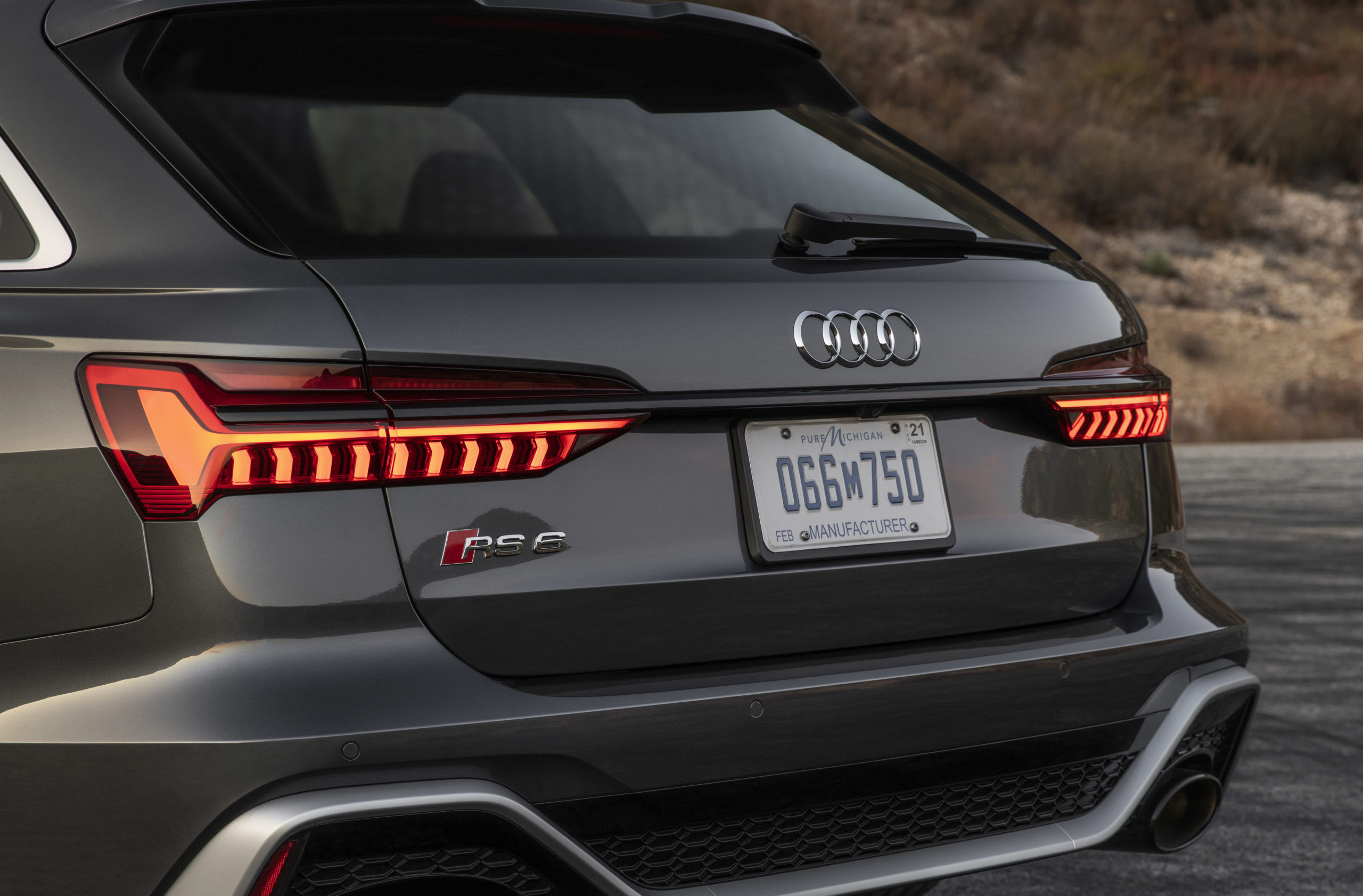 rear of a grey Audi RS6 Avant station wagon.
