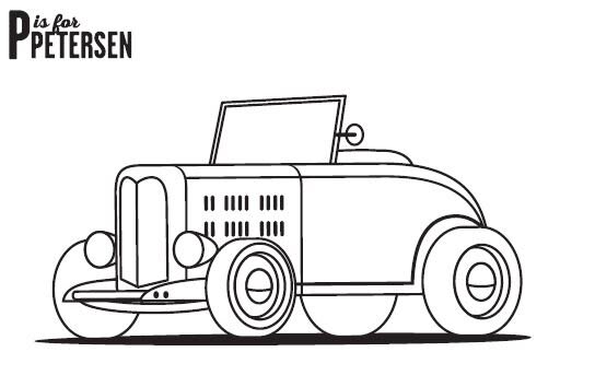 a sketch of a classic car, with the P is for Petersen logo.
