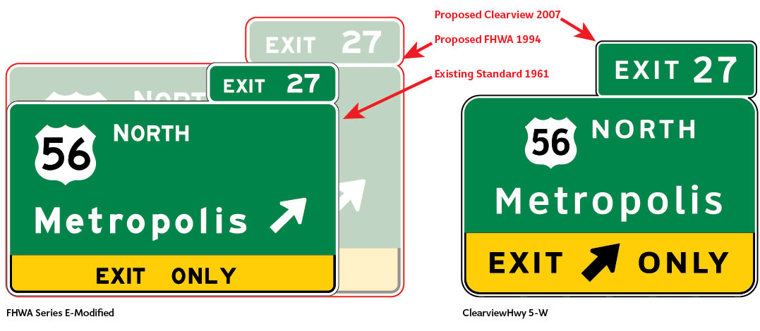 picture of two highway signs comparing the FHWA Series E, also known as the Highway Gothic font, with the Clearview Font.