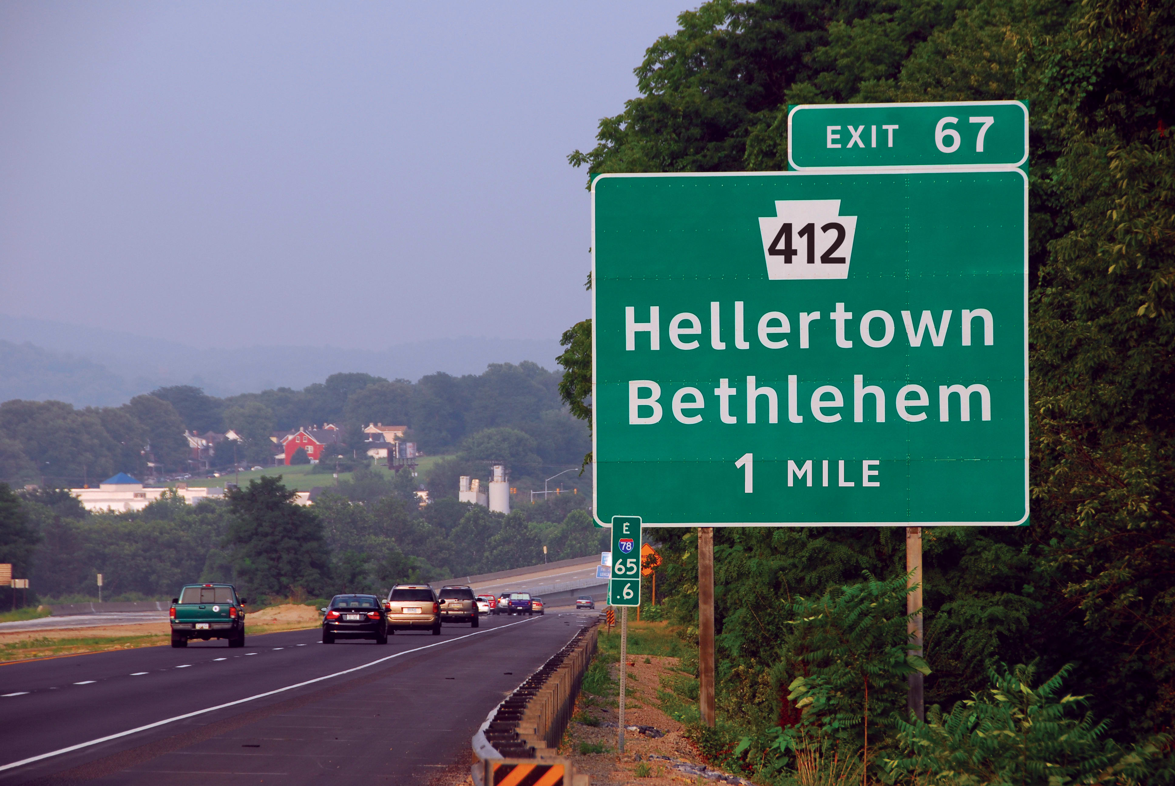 highway sign for the Hellertown exit off the 412 highway, with "Clearview" font.