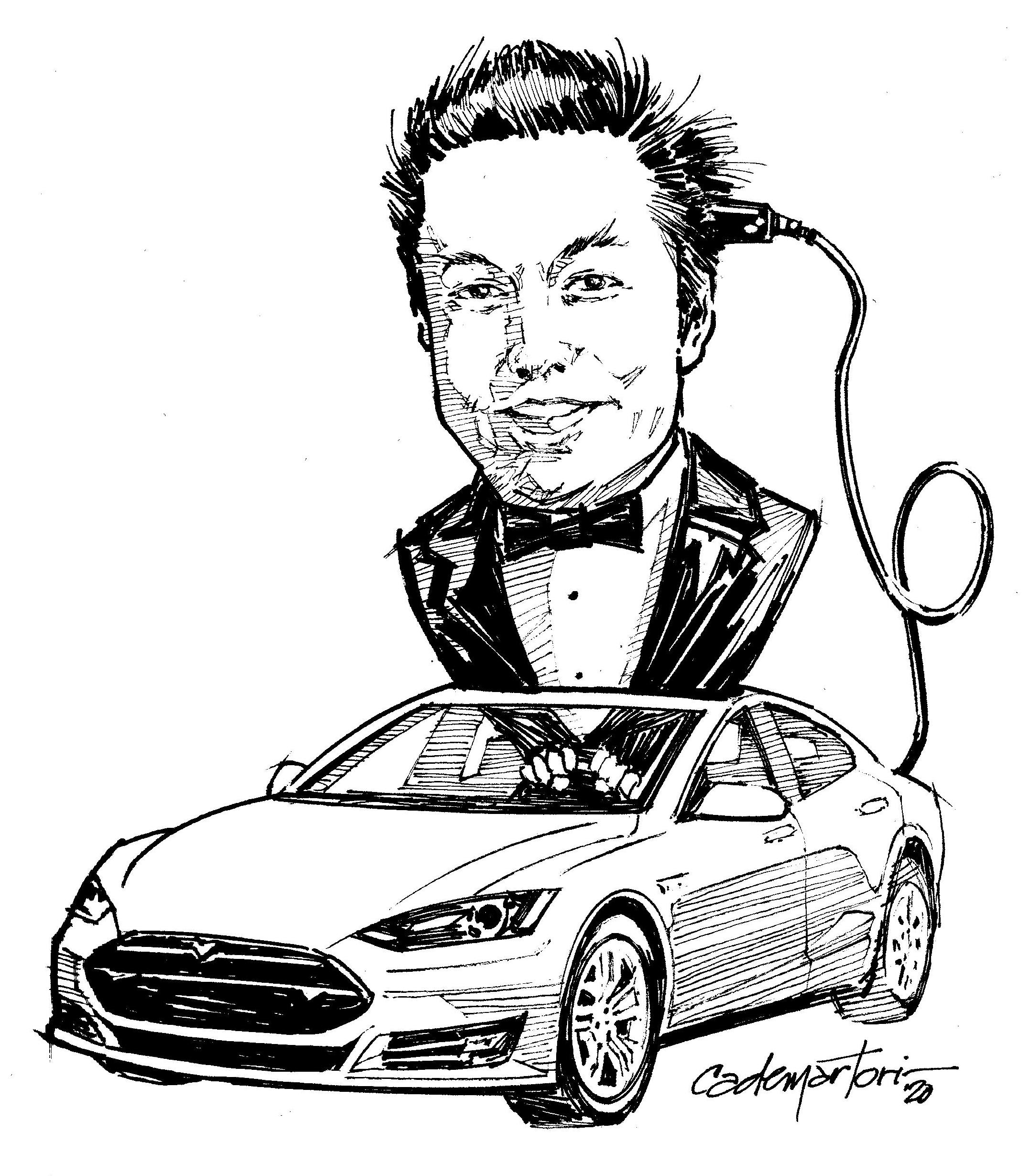 Hector's artwork featuring Elon Musk with a power cable in a Tesla Model S