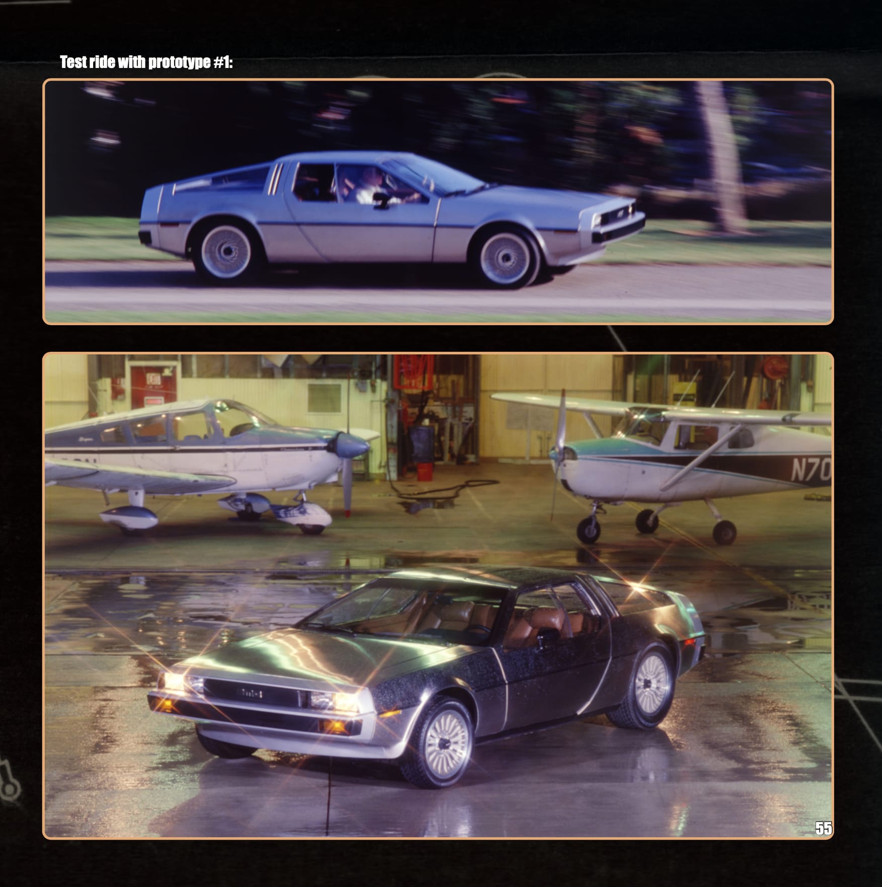 DeLorean's DMC-12 on the open road, and in a hangar with airplanes.