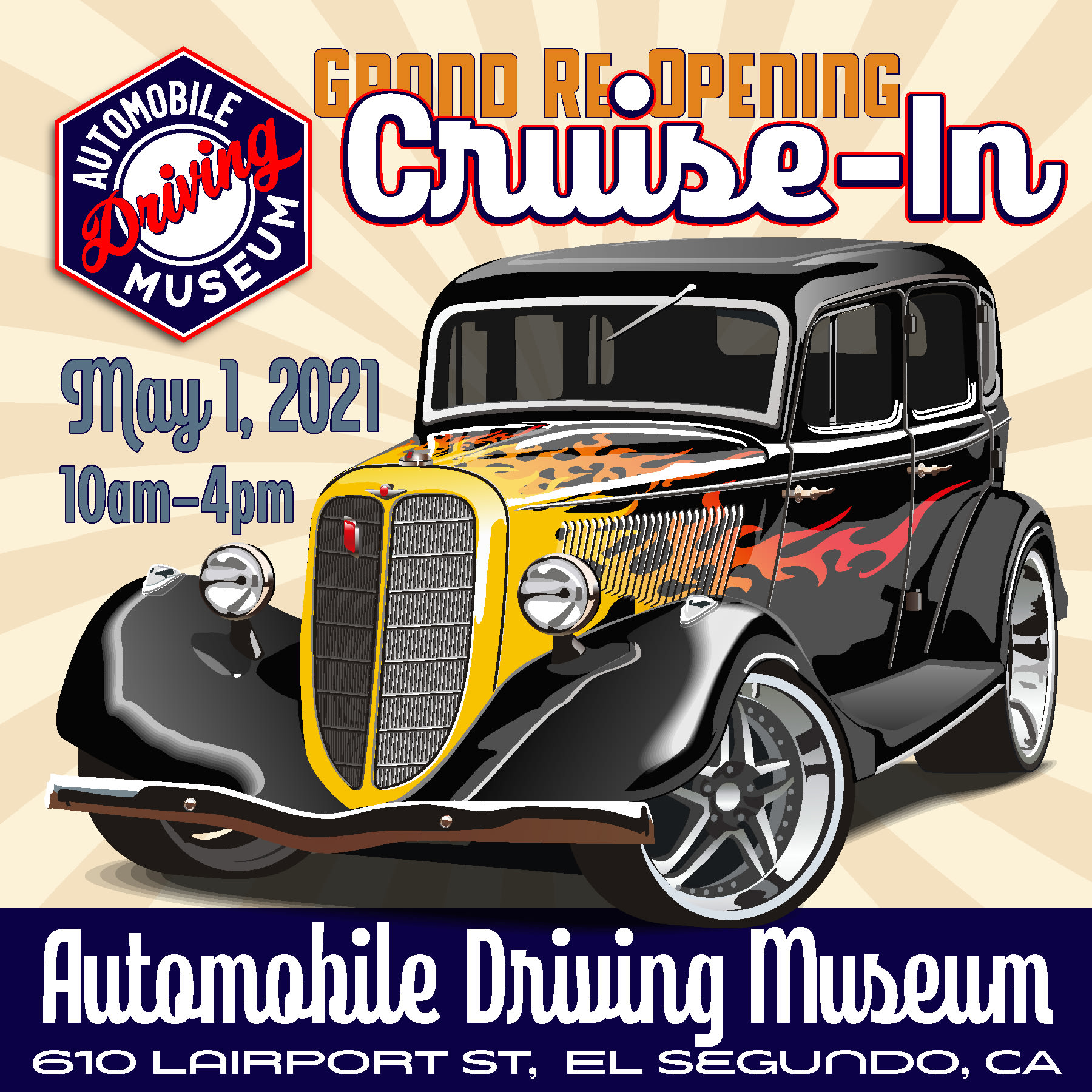 Automobile Driving Museum grand reopening flyer with a classic car in the center