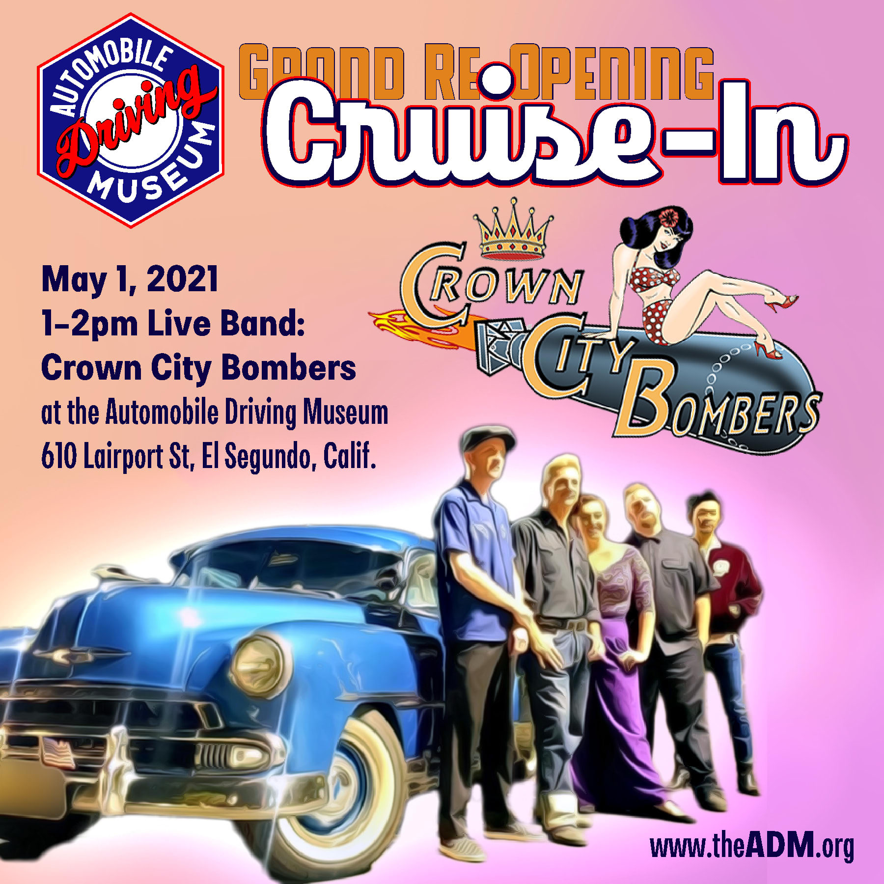 Crown City Bombers standing beside a classic blue car