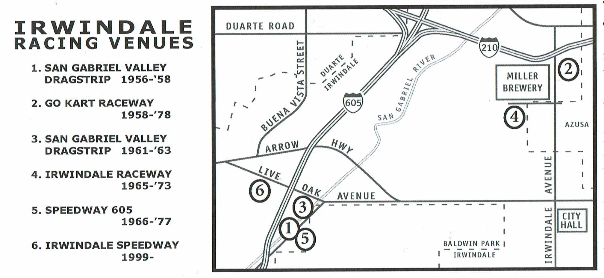 a map insert of the auto racing venues in Irwindale, CA - from "Where They Raced - Turn 3" by Harold Osmer