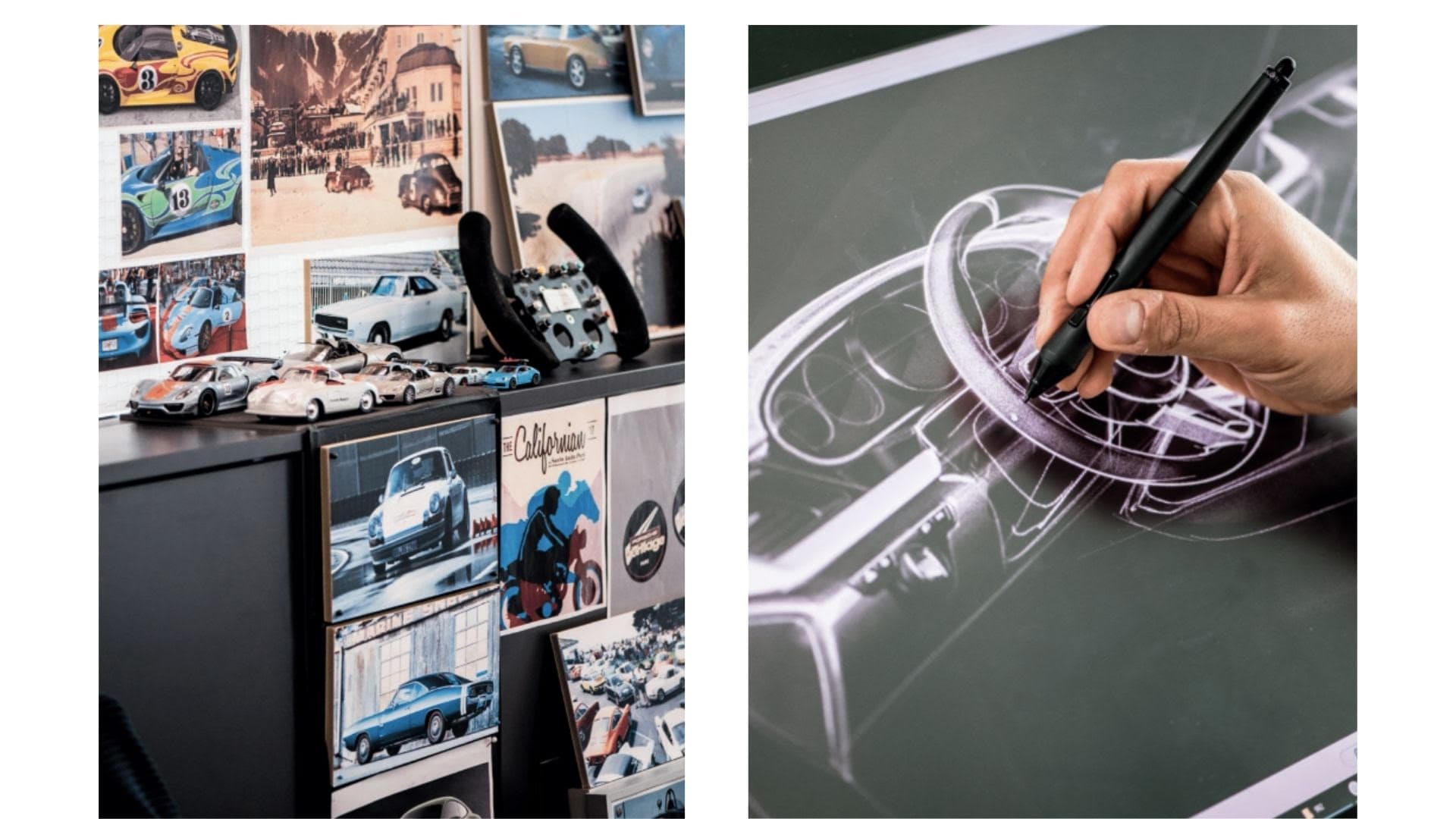 image of a page spread from the book Porsche Unseen, with a sketch of a Porsche.