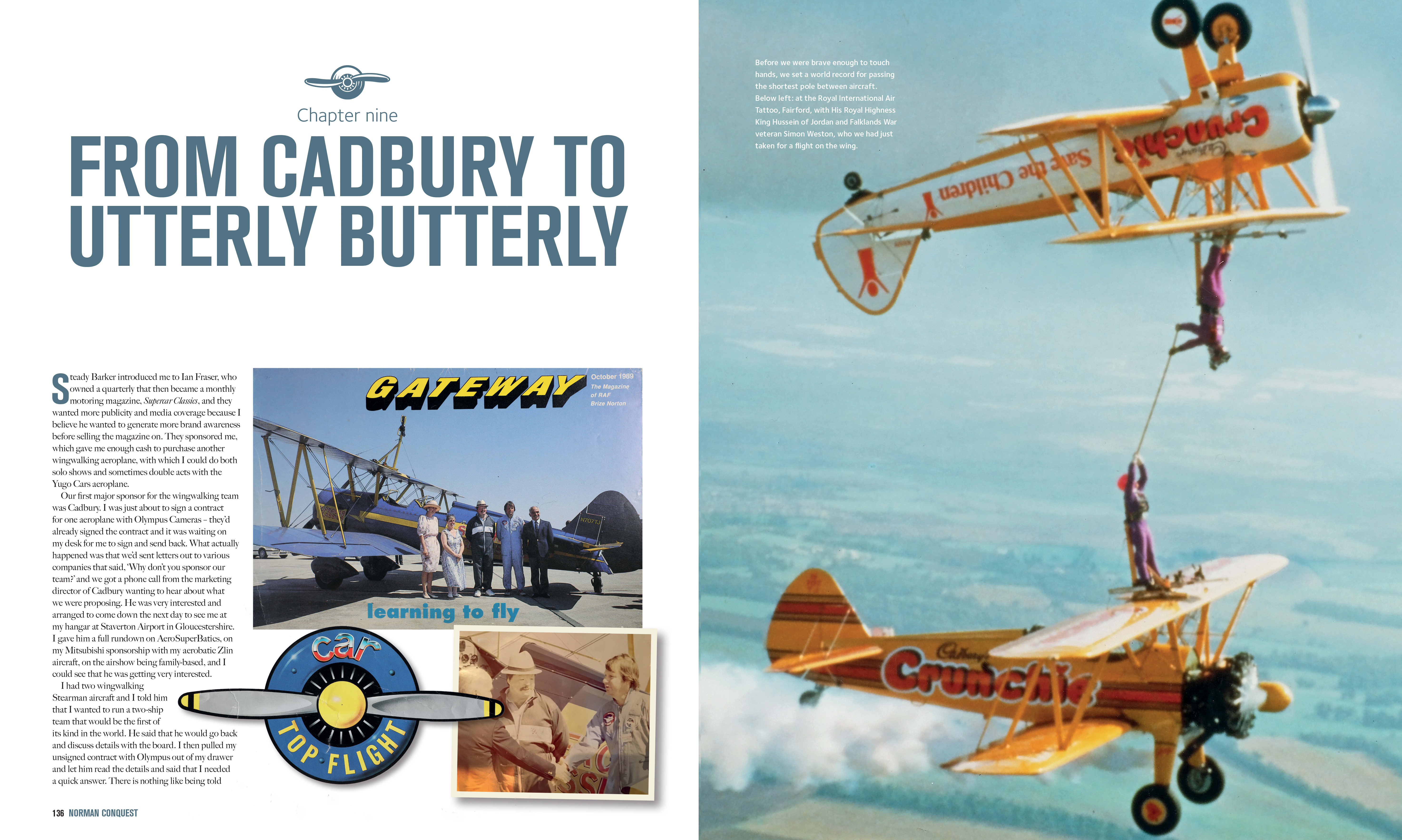 image of a page-fold from the book Norman Conquest, showing multiple images of a yellow stunt-plane with wingwalkers strutting around