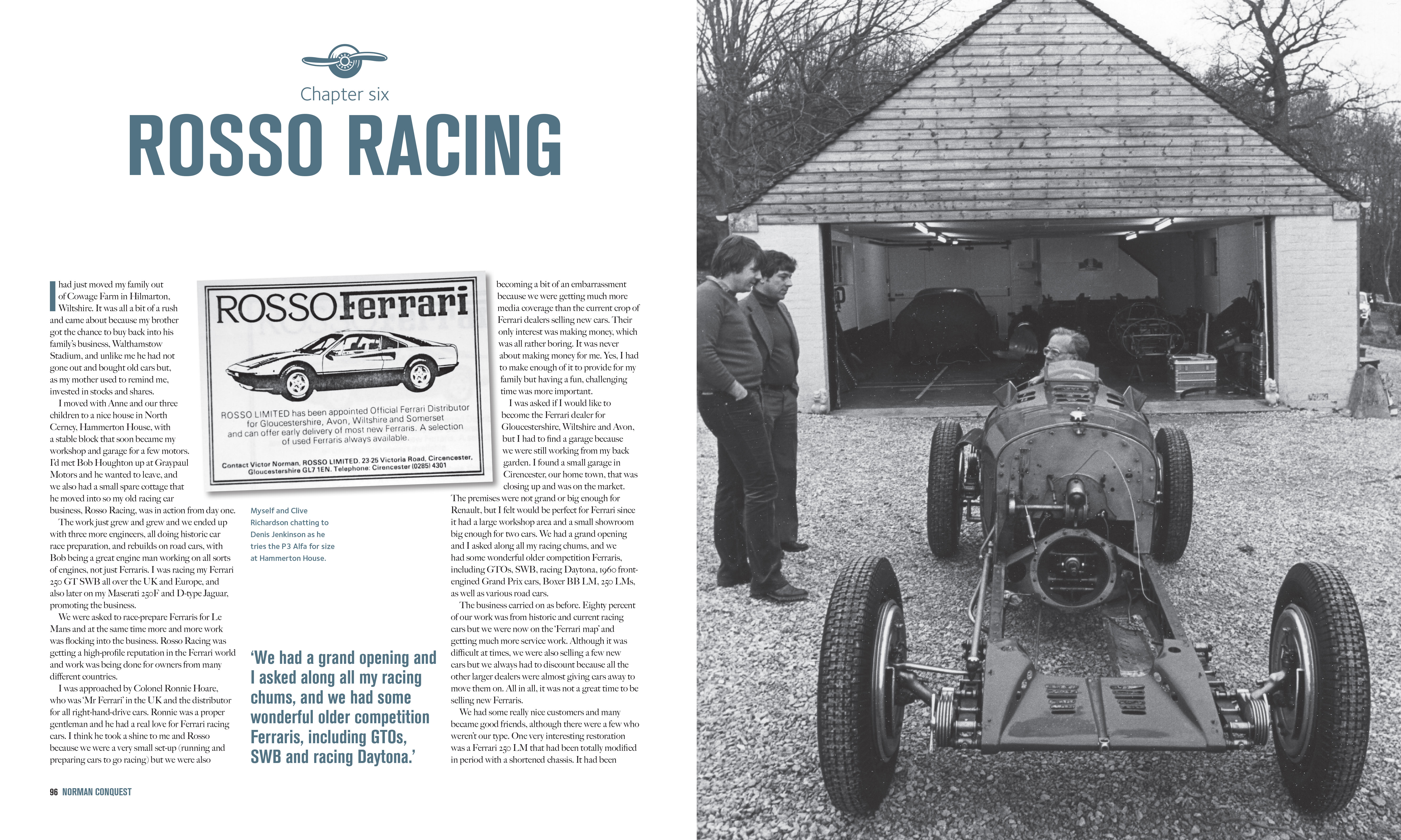 image of a page-fold from the book Norman Conquest, showing Vic and Clive Richardson chatting to Denis Jenkinson sitting in a classic racing car.