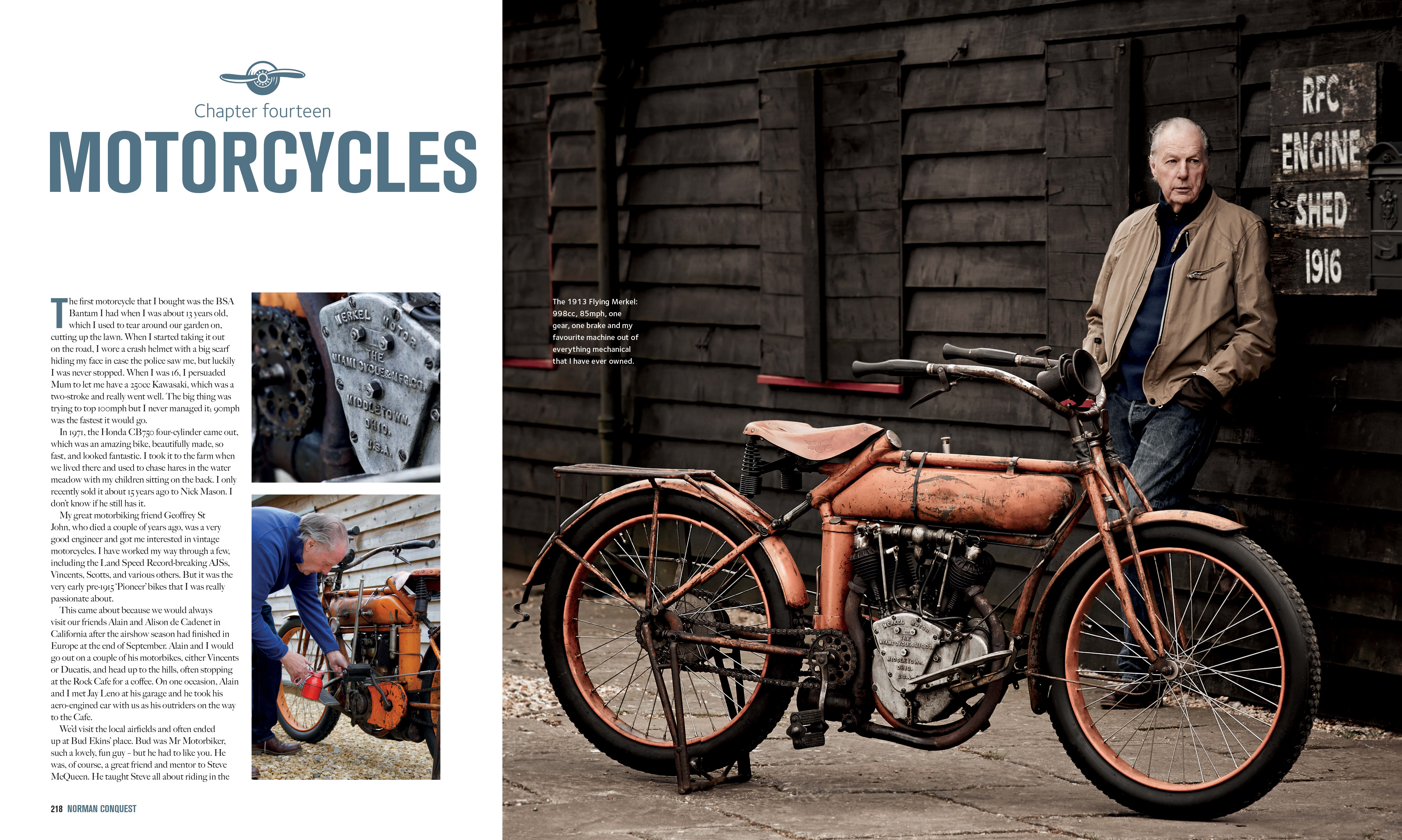 image of a page-fold from the book Norman Conquest, showing multiple images of Vic Norman and his motorcycles