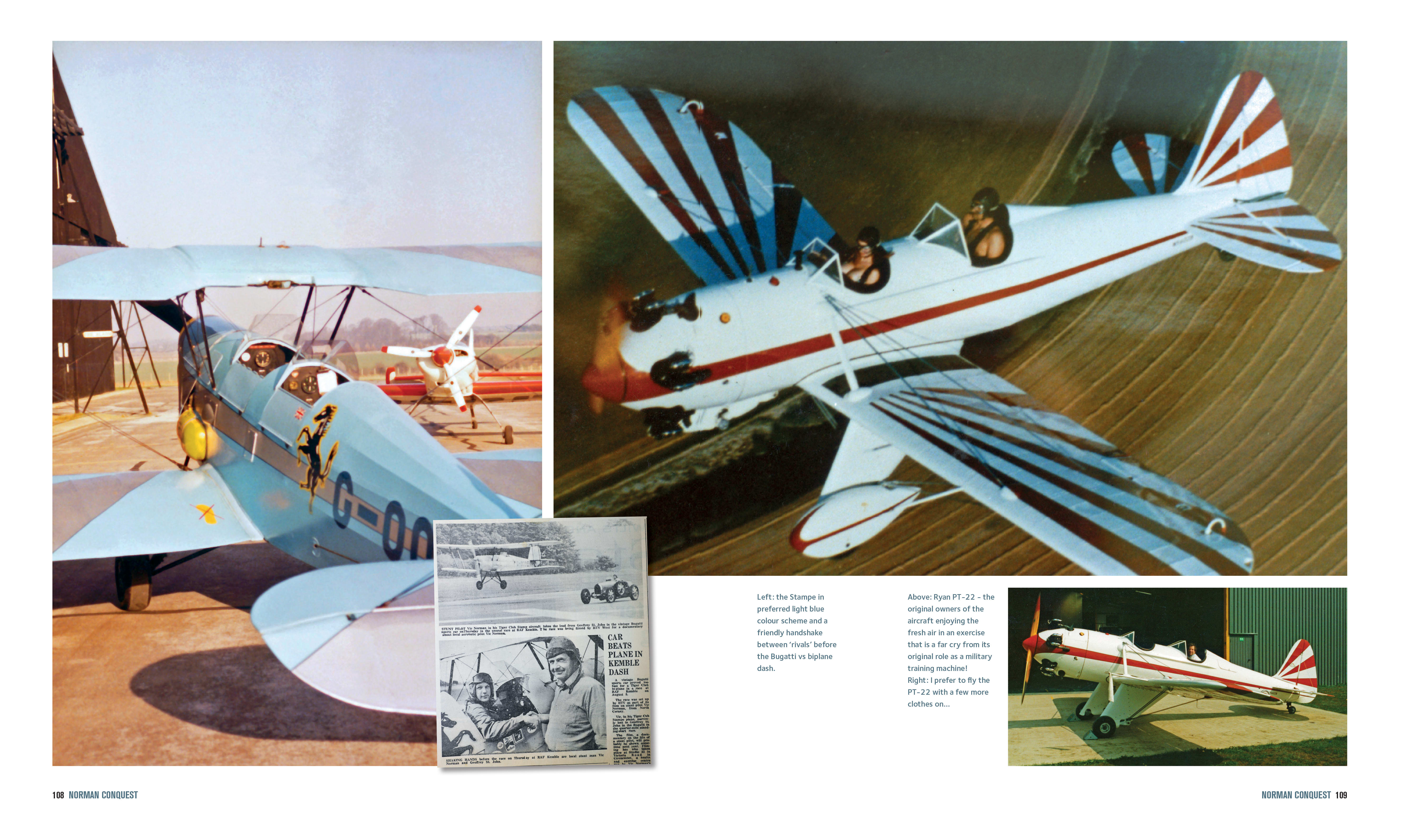 image of a page-fold from the book Norman Conquest, showing multiple images of a white stunt airplane with red stripes, one of which shows two persons in flight, naked.