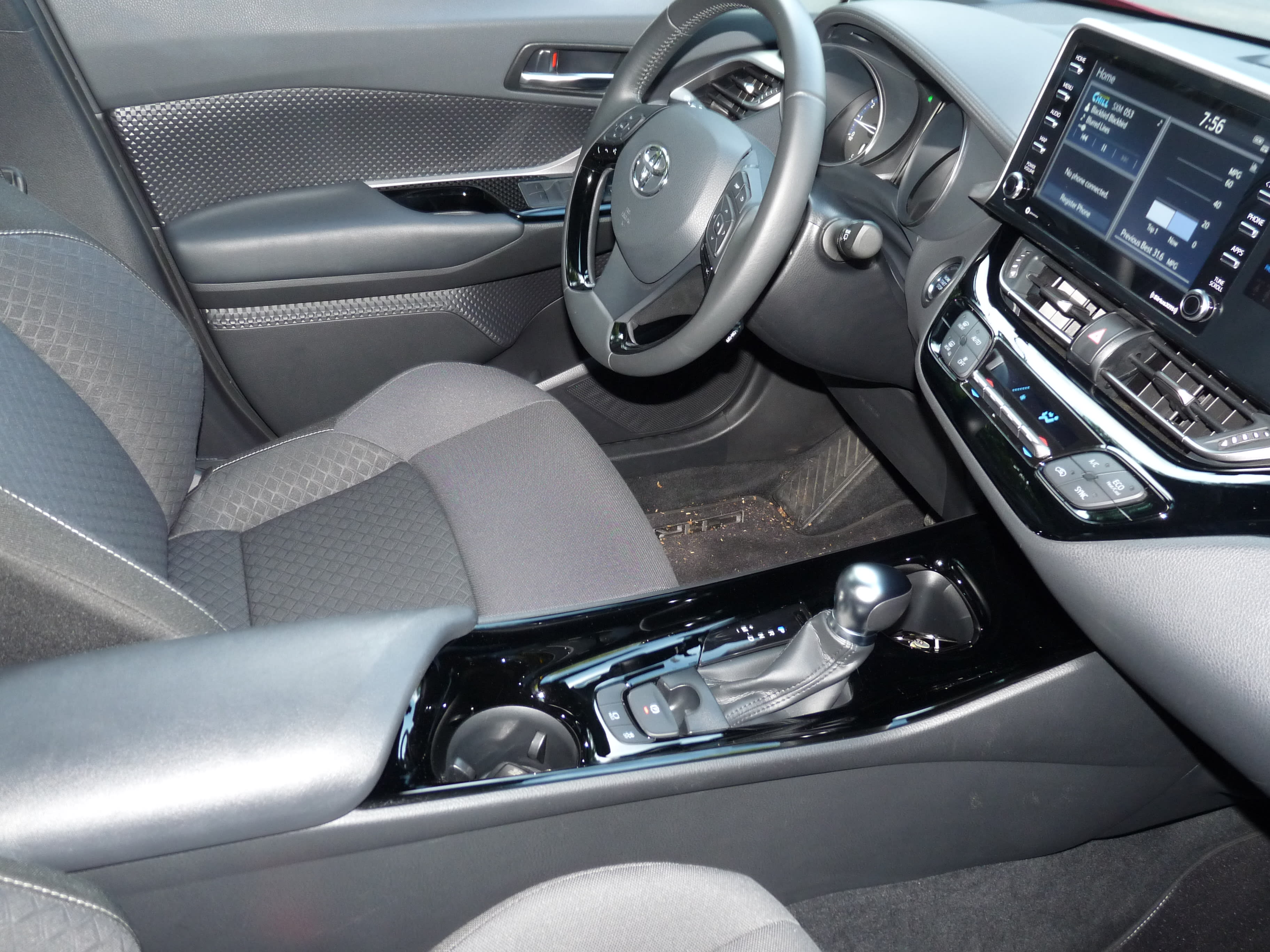 interior of a Toyota CH-R with gray seats and dashboard as well as the standard black dials and knobs of the instruments.