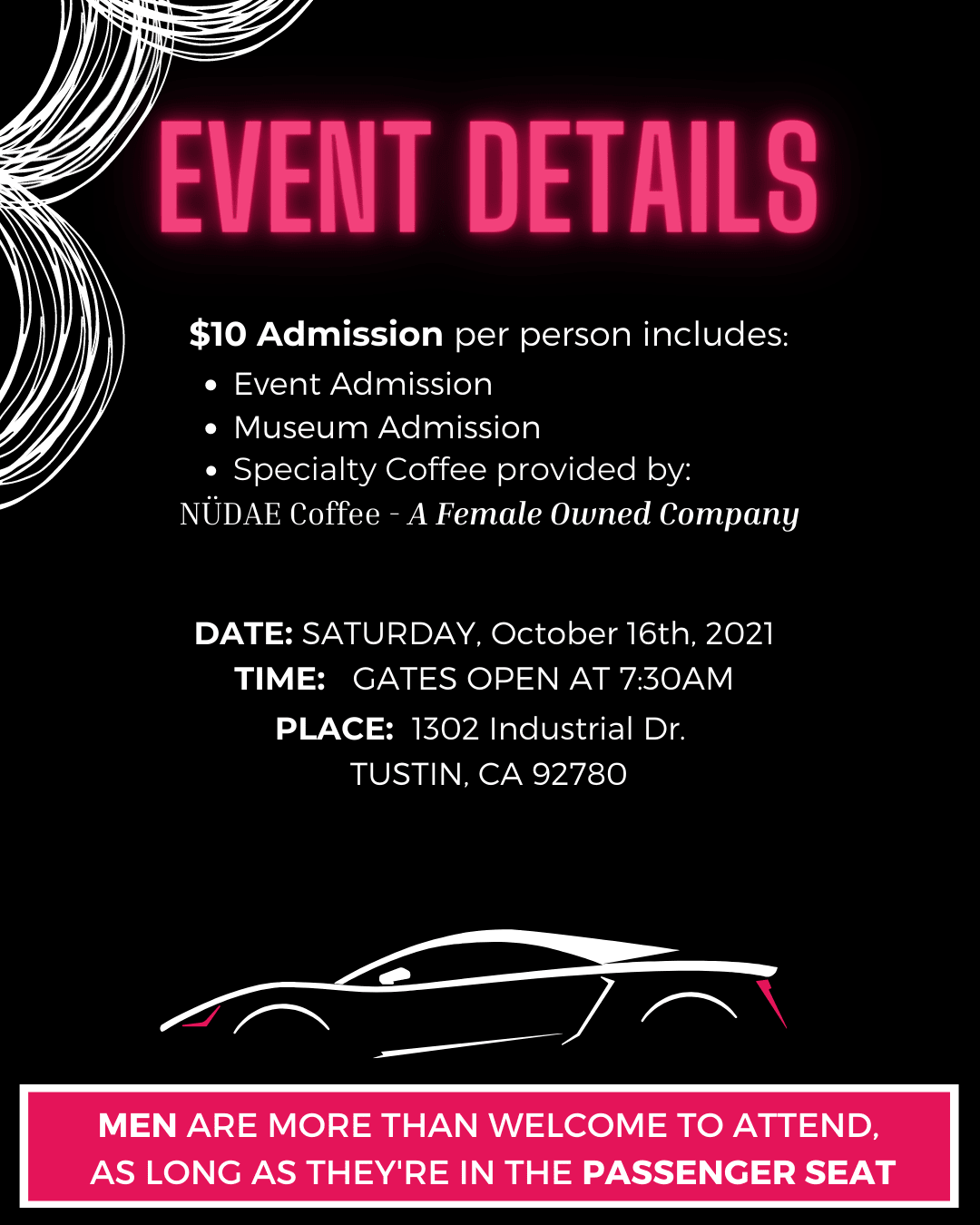 the event flyer for Heels & Wheels event on Saturday at Marconi Automotive Museum