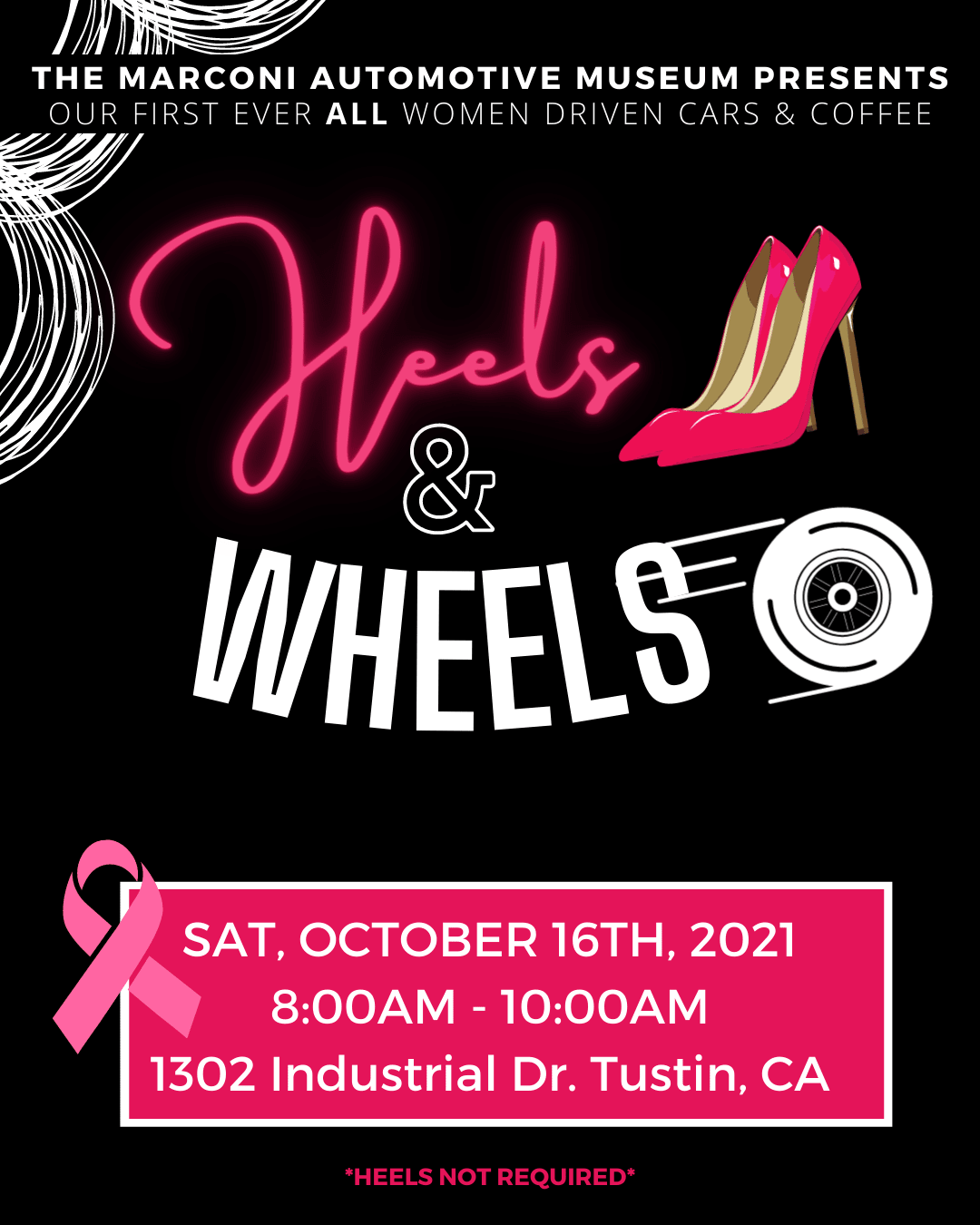 the event flyer for Heels & Wheels event on Saturday at Marconi Automotive Museum