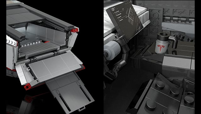 Two images of the details on the Mattel Creations scale model of the Tesla Cybertruck.