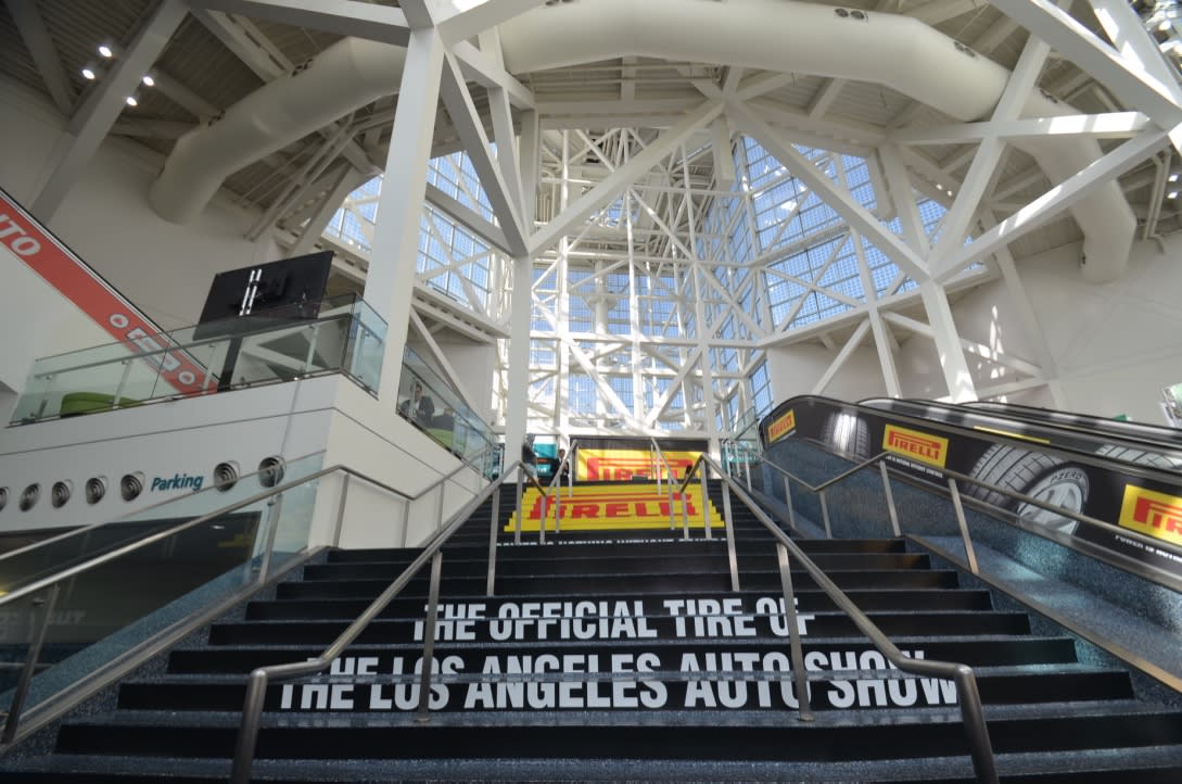 the stairways leading up to the show floor of the LA convention center, during the Los Angeles Auto Show.