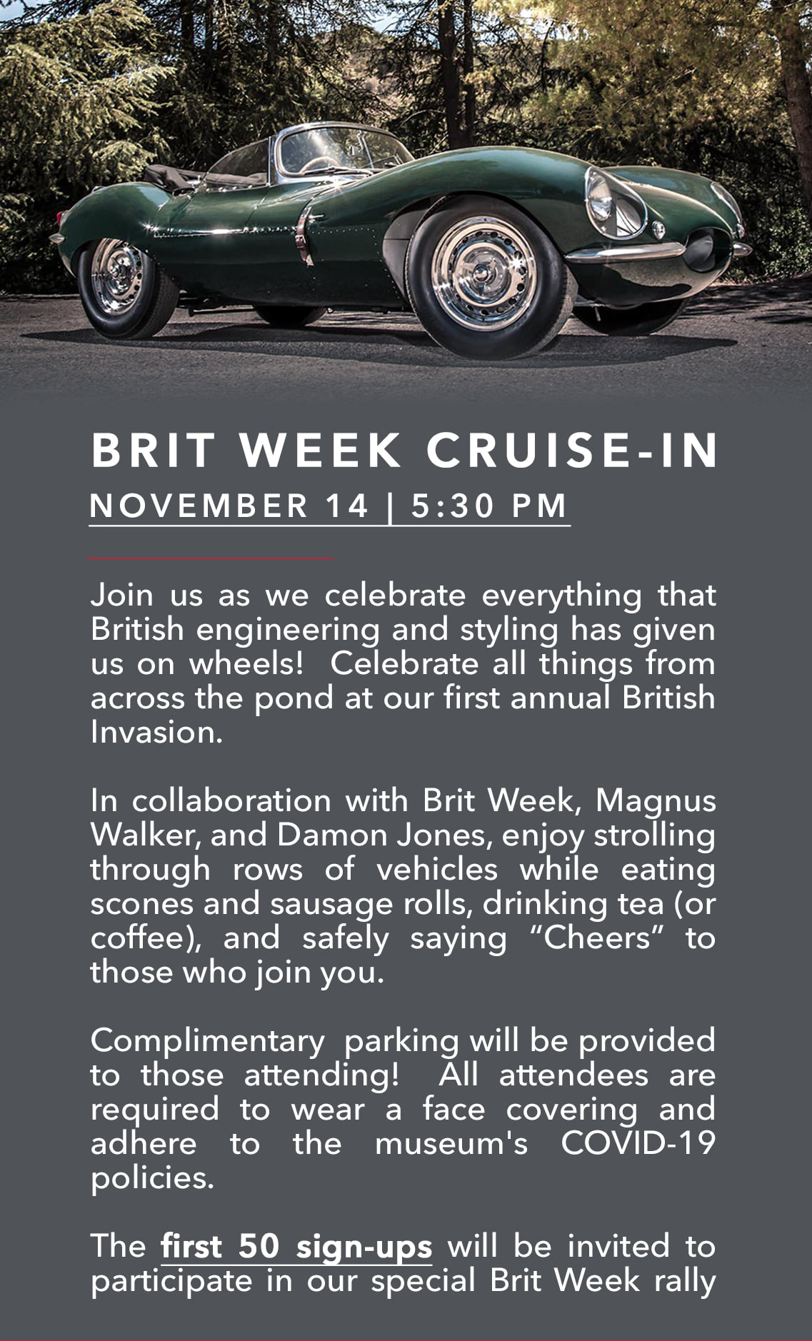the event flyer and information for the Brit Cruise In at The Petersen Automotive Museum