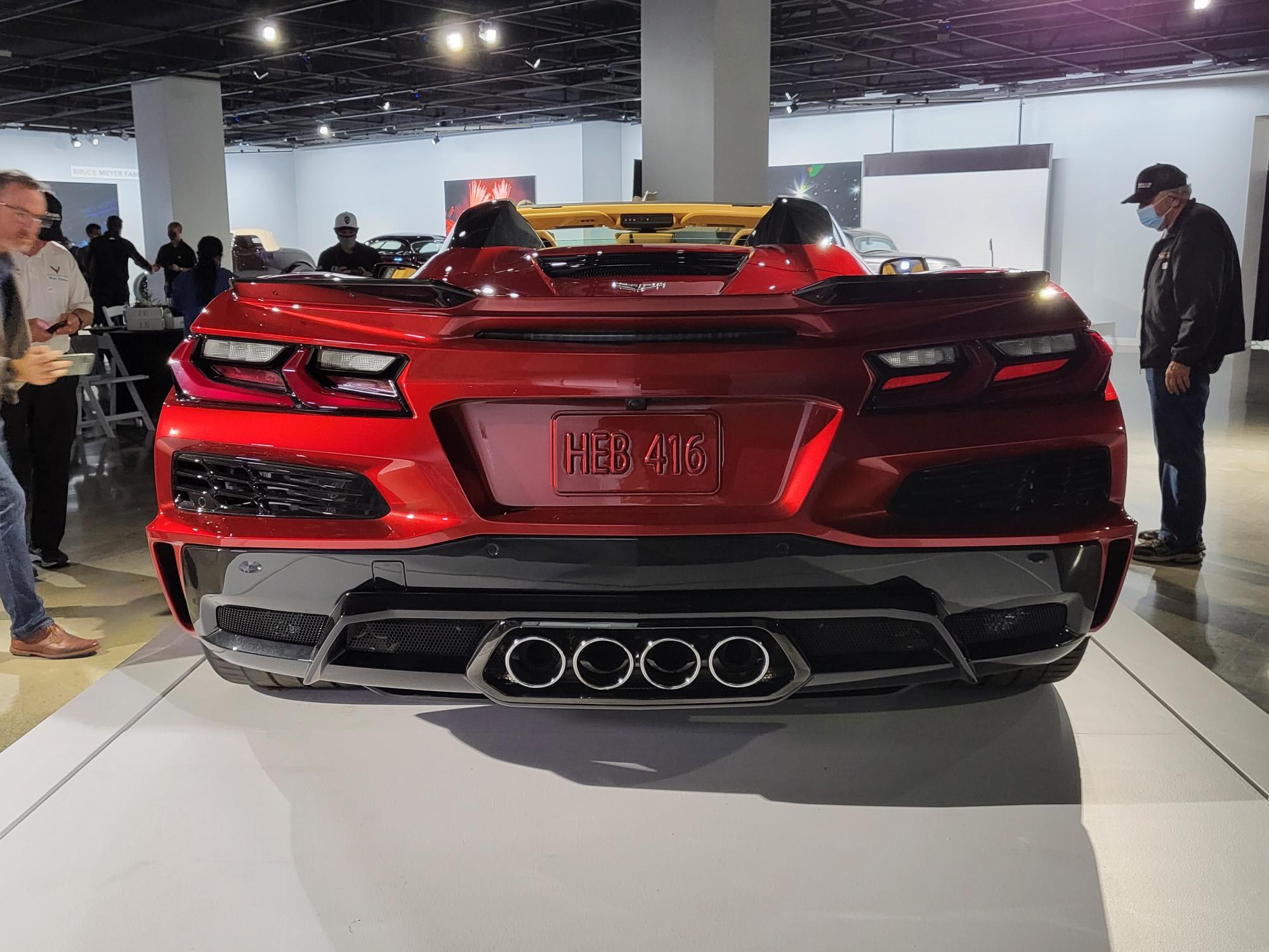 The rear of a red 2023 Chevrolet Corvette Z06 on display at the Petersen Automotive Museum in Los Angeles.