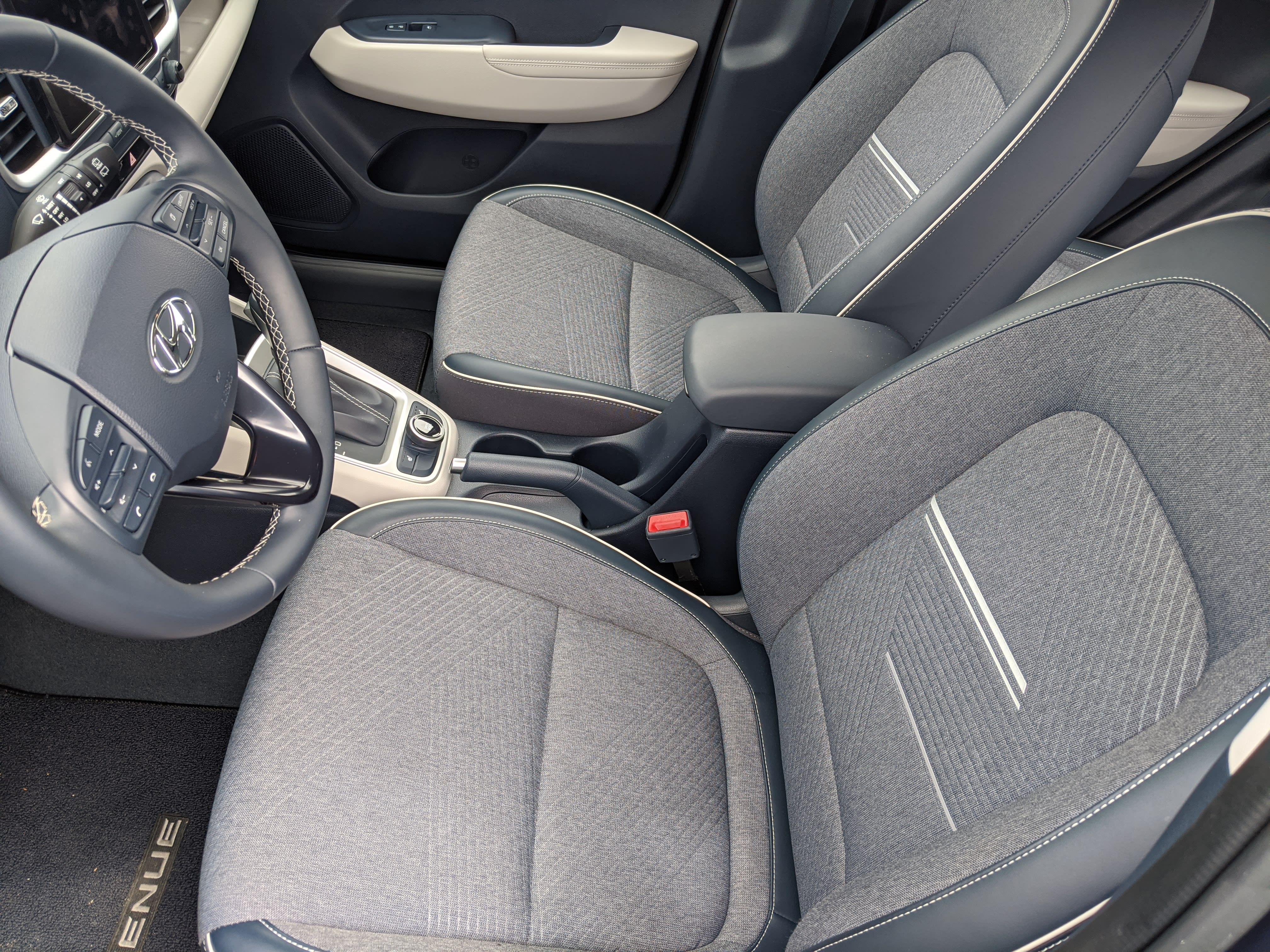 image of the interior of the 2021 Hyundai Venue Denim, with the two front seats and their denim upholstery in clear sight.