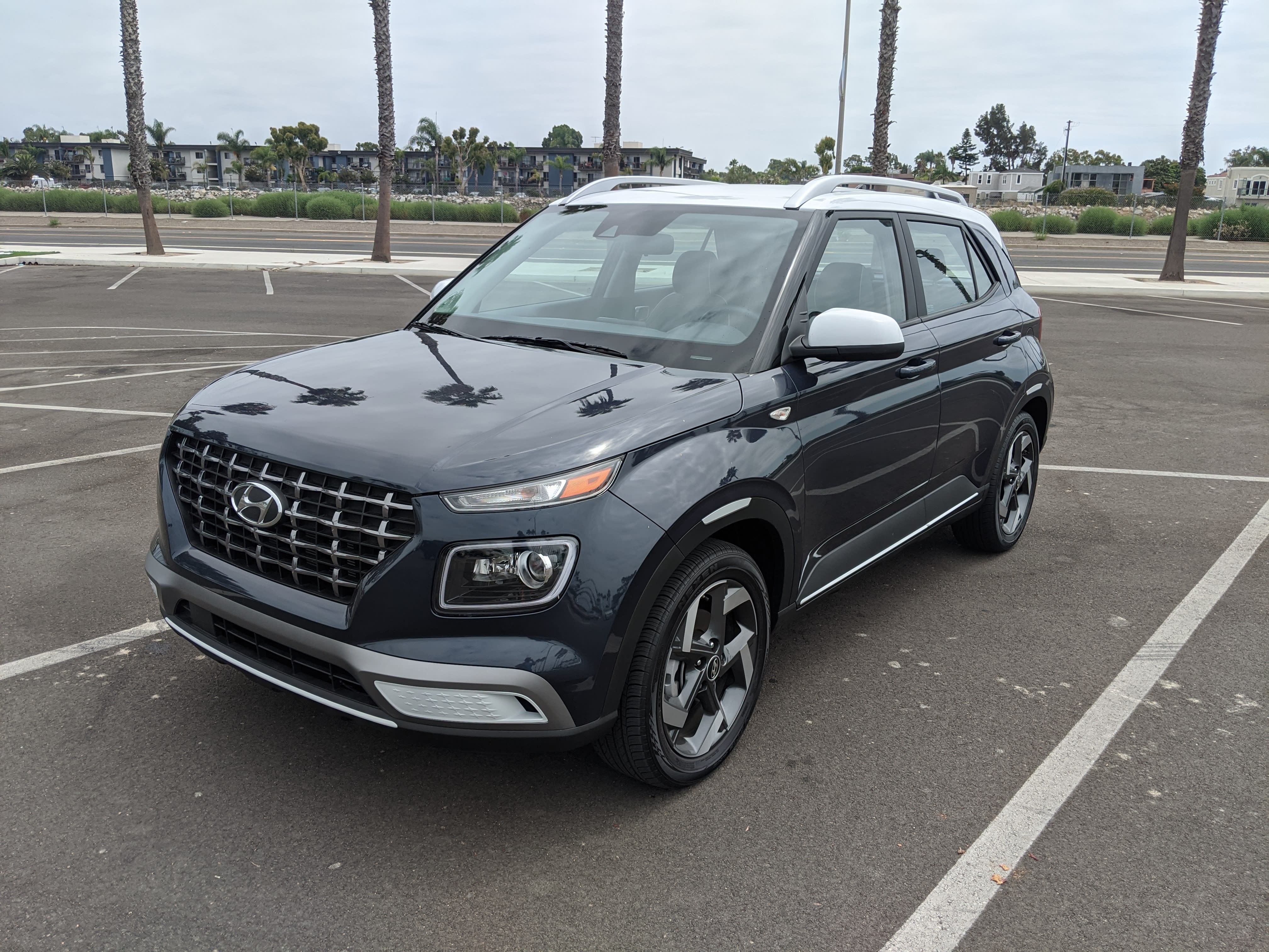A 2021 Hyundai Venue parked in Southern California, displaying the very blue exterior of the Denim-trim.