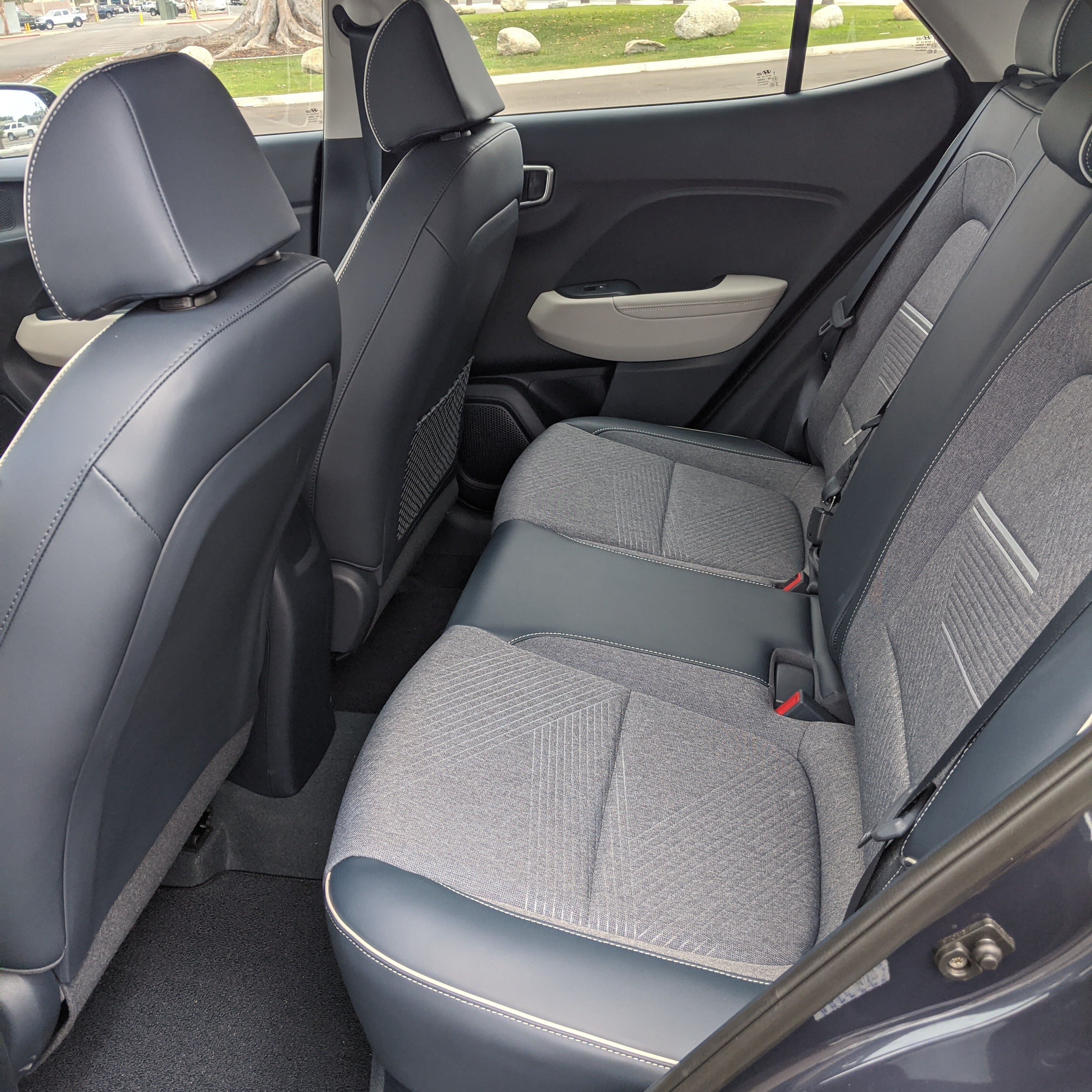 the rear seats of a 2021 Hyundai Venue Denim, in the very blue Denim trim.