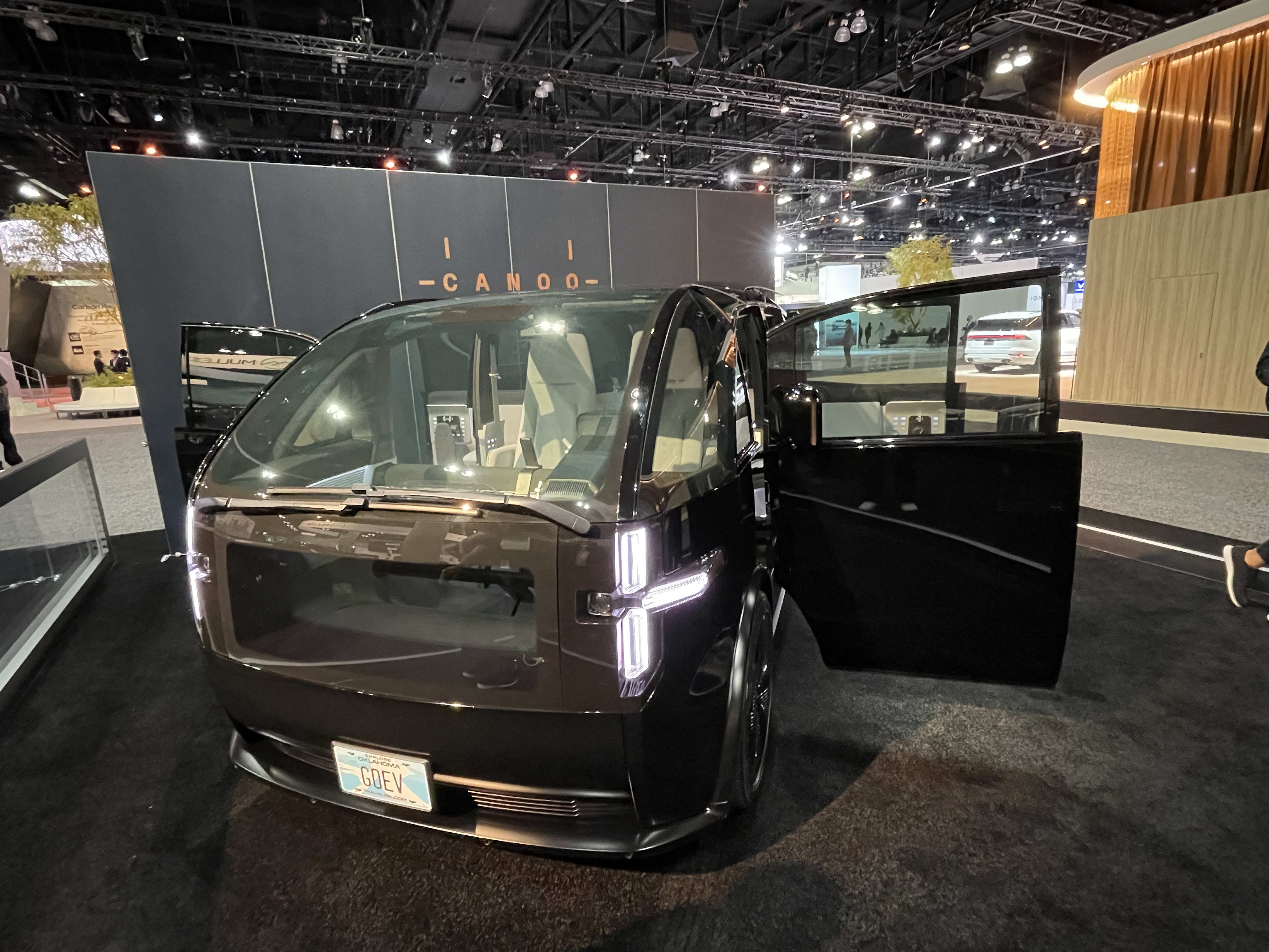 the Canoo on display at the LA Auto Show after winning the ZEVAS prize.