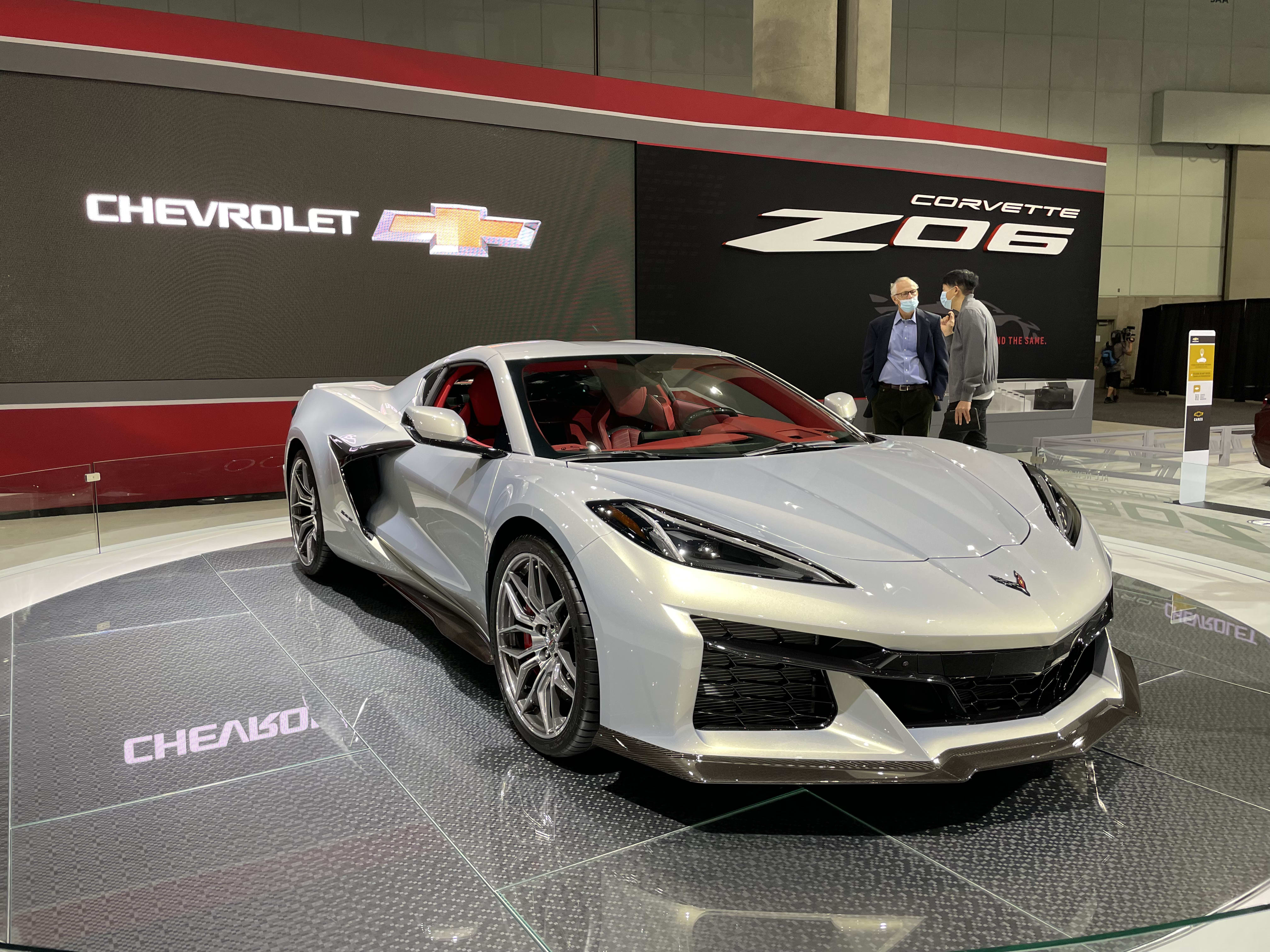 a light silver 2023 Chevrolet Corvette Z06 on display at the LAAS