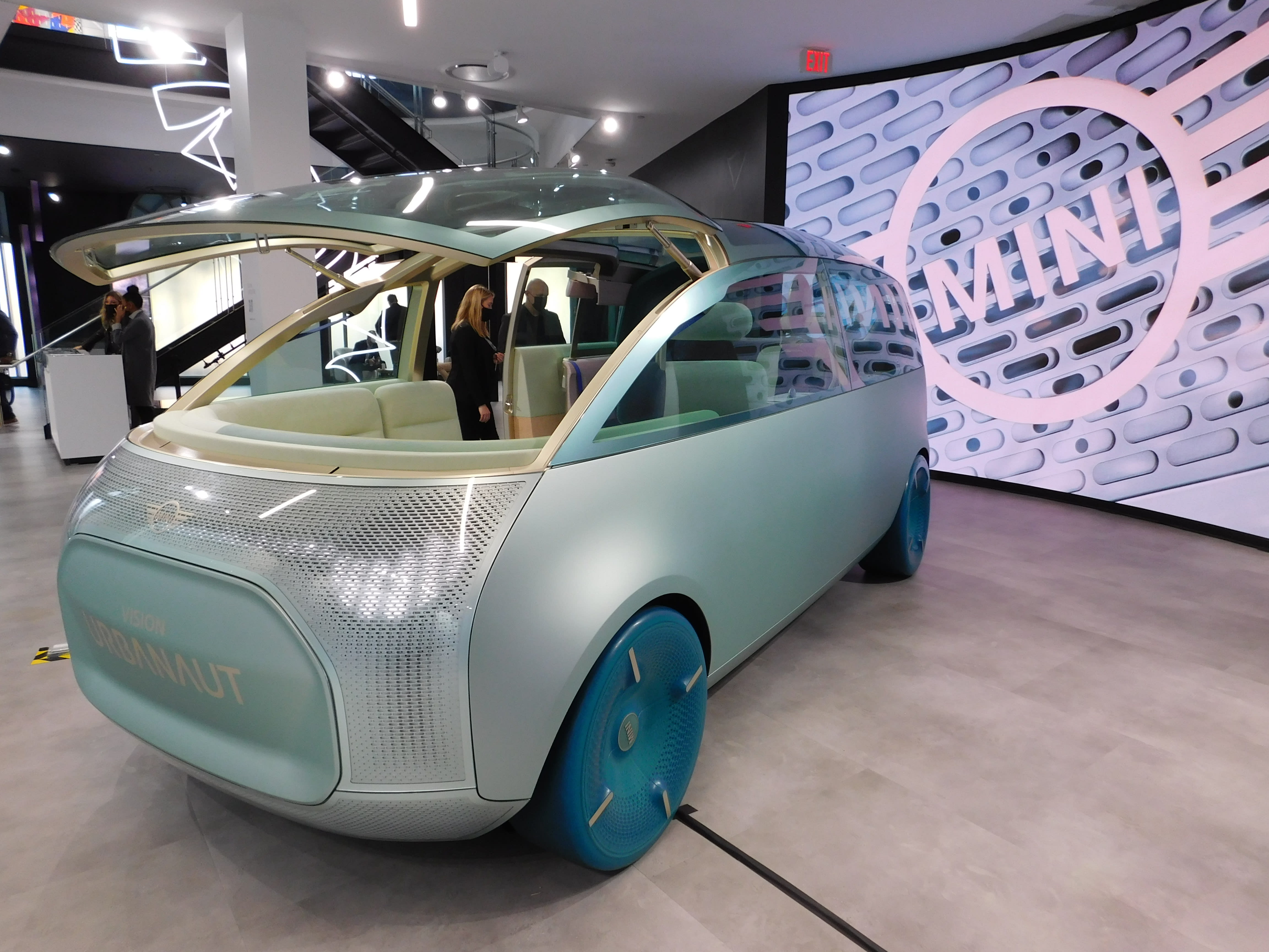 a pastel green Mini Vision Urbanaut on display at the LA Auto Show