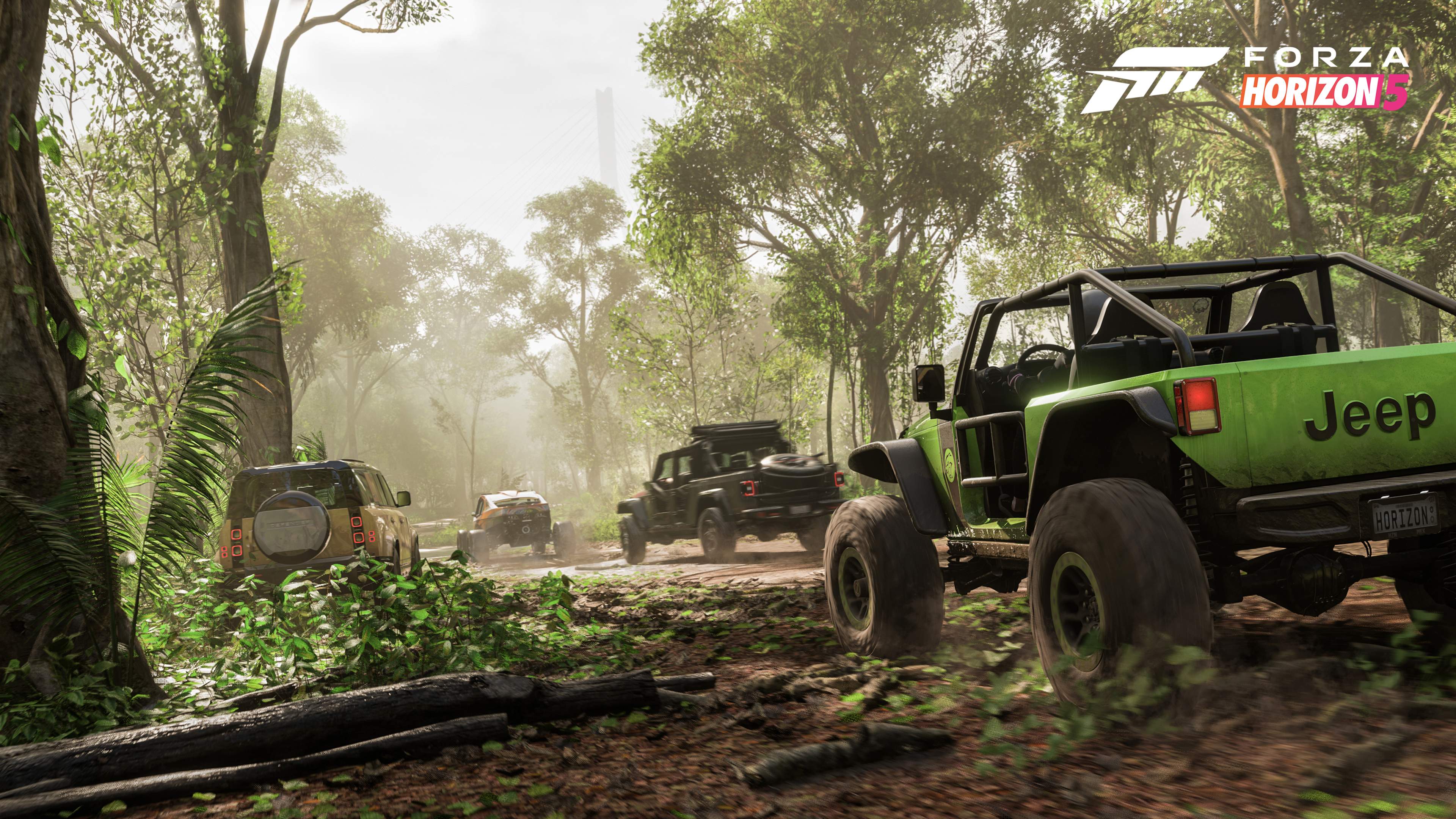 image from the Forza Horizon 5 video game with a green Jeep driving deep in the jungle, and other Jeeps ahead of it on the route.