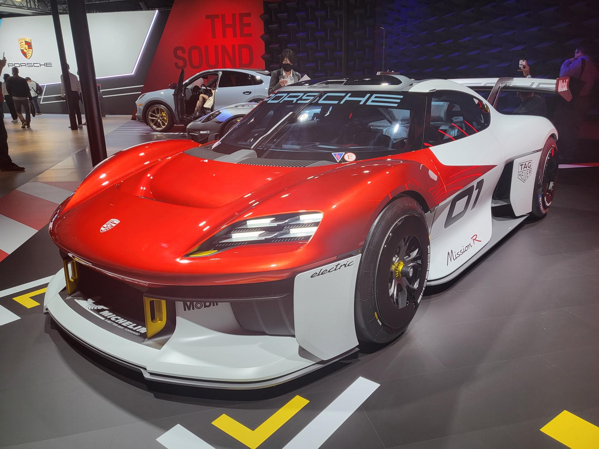 a white and striped Porsche Mission R on display at the LA Auto Show