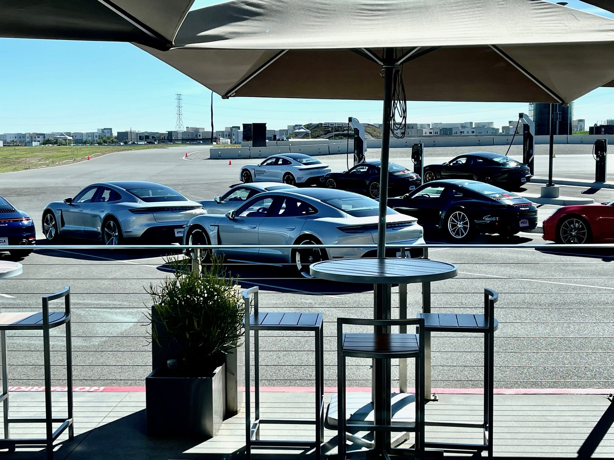 patio overlooking the paddock at the Porsche Experience Center in Los Angeles
