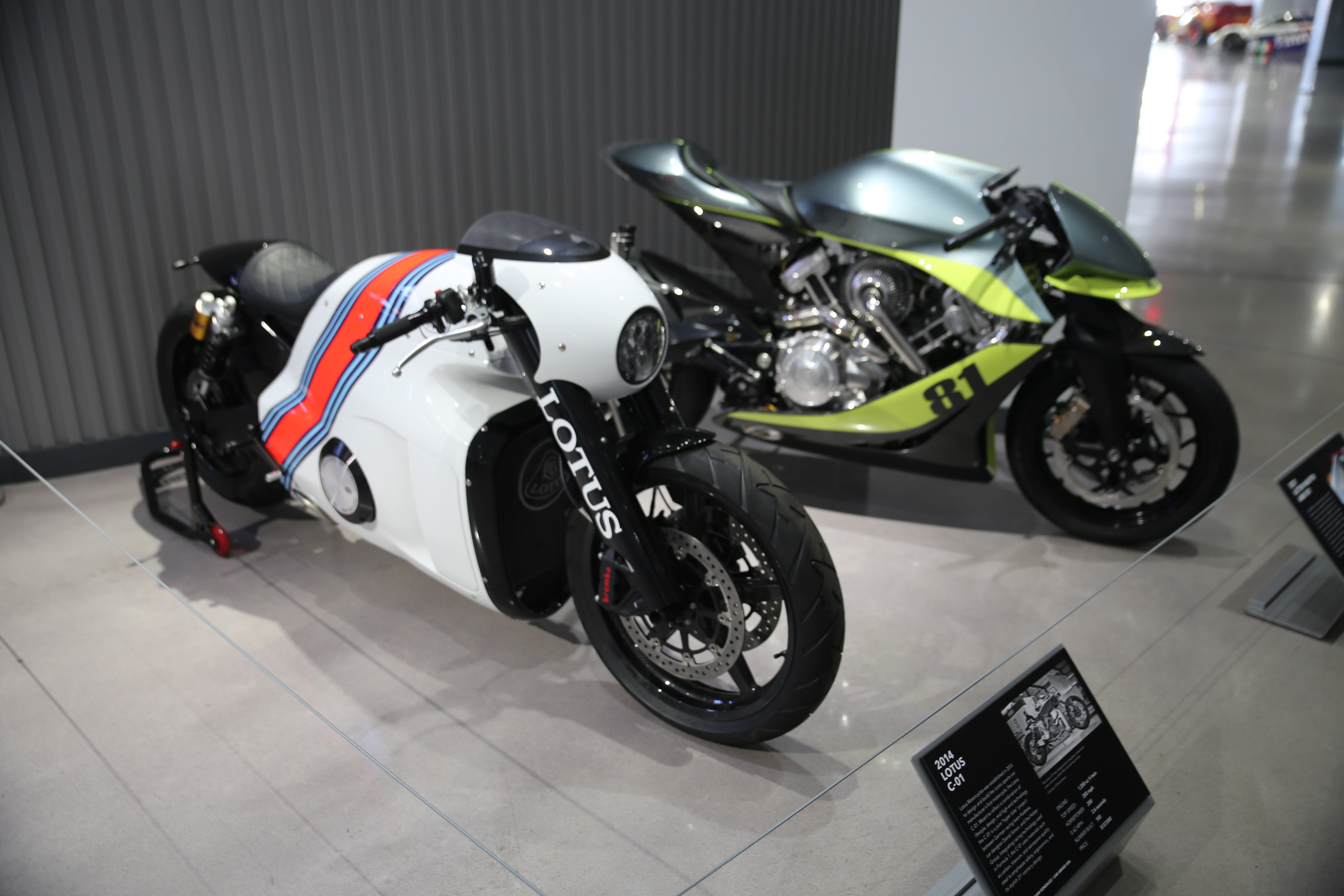 motorcycles at the Hypercar exhibit at The Petersen in Los Angeles.